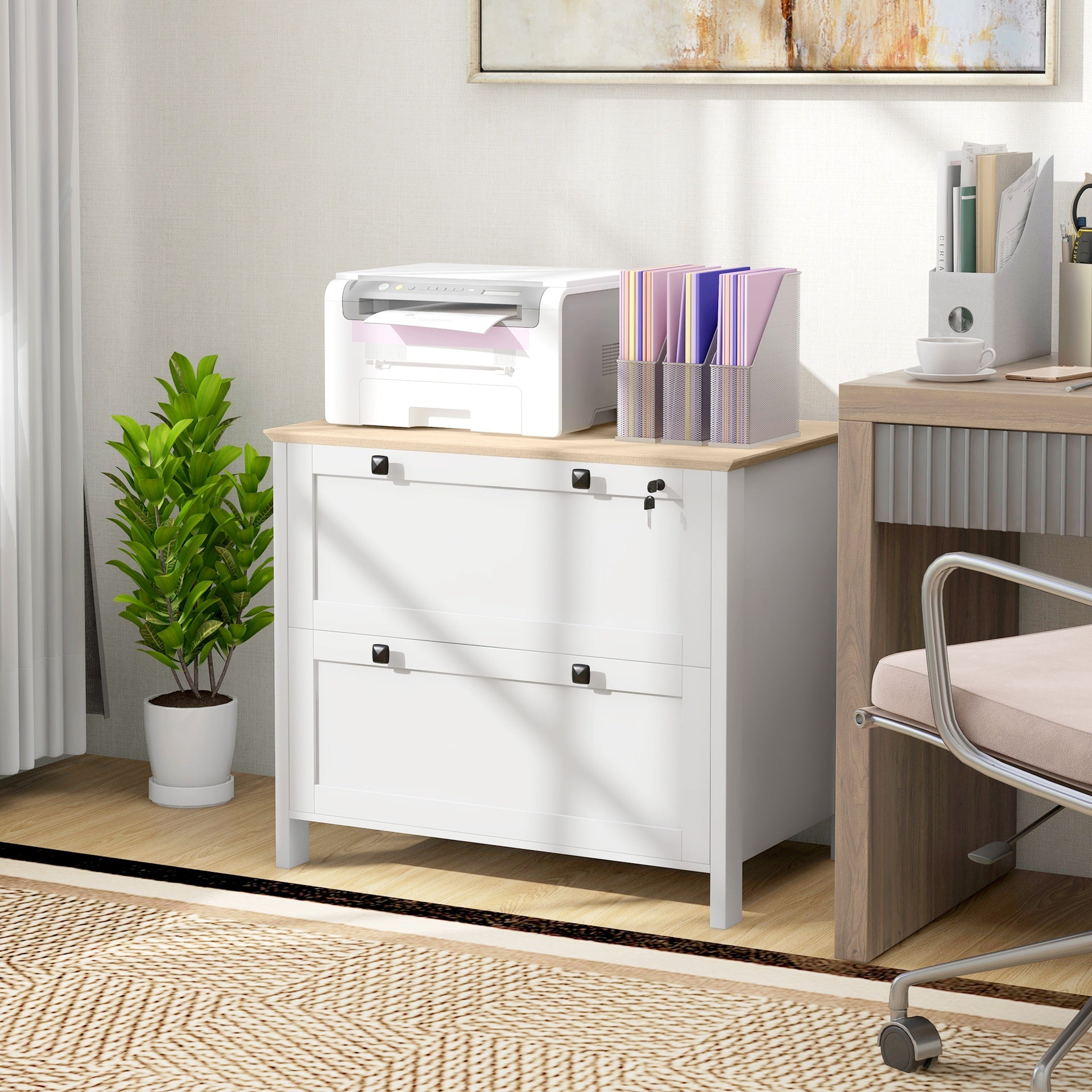 HOMCOM Lateral File Cabinet, 2 Drawer Filing Cabinet with Adjustable Hanging Bar for Letter, A4 and Legal Size, White