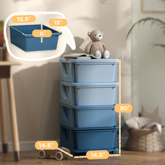 Qaba 30" 4 Tier Kids Storage Unit Dresser Tower w/ 4 Drawers, Blue