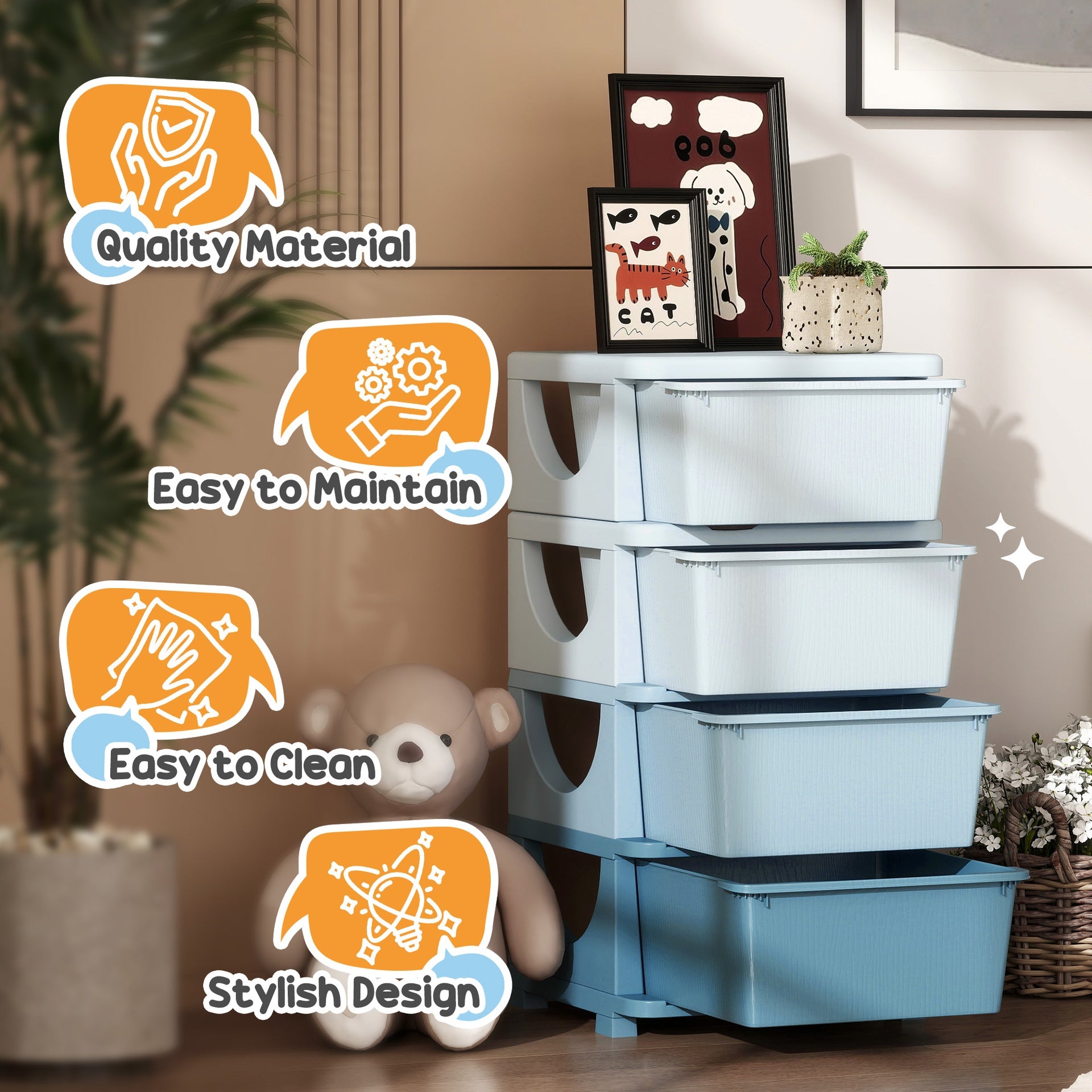 Qaba 30" 4 Tier Kids Storage Unit Dresser Tower w/ 4 Drawers, Blue
