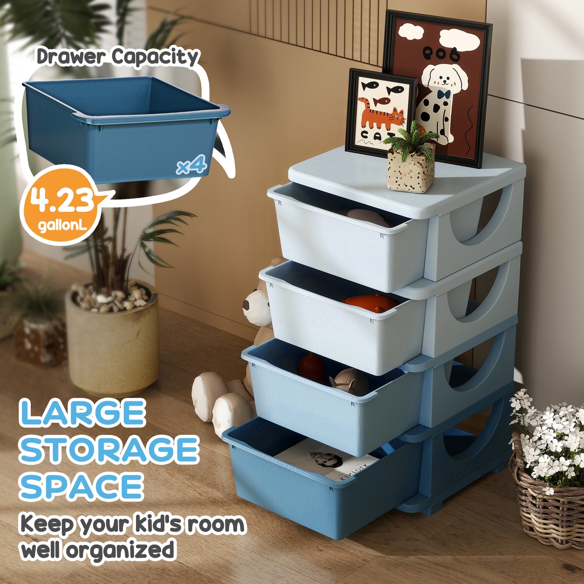 Qaba 30" 4 Tier Kids Storage Unit Dresser Tower w/ 4 Drawers, Blue