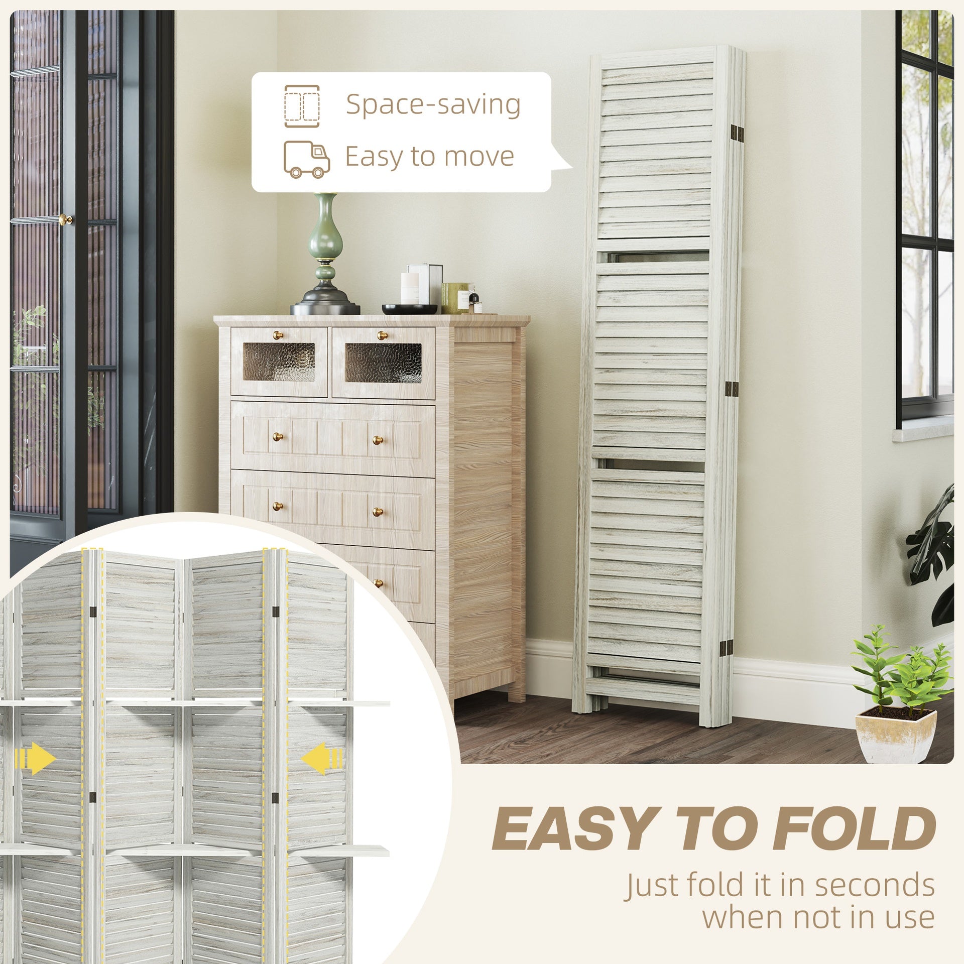HOMCOM 5 Panel 67" Tall Wood Privacy Screen Room Divider with 3 Shelves and Folding Storage for Bedroom, Distressed White