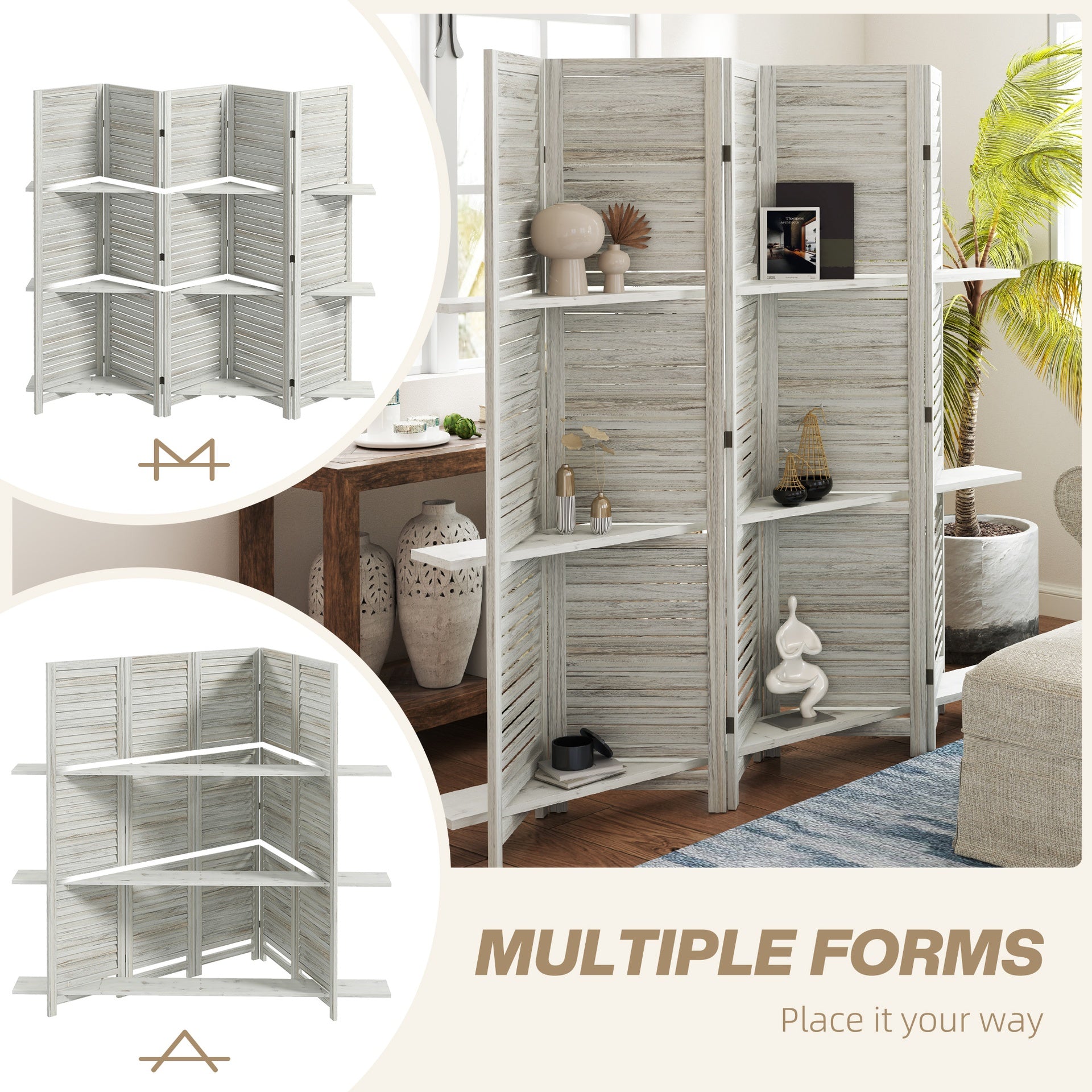 HOMCOM 5 Panel 67" Tall Wood Privacy Screen Room Divider with 3 Shelves and Folding Storage for Bedroom, Distressed White