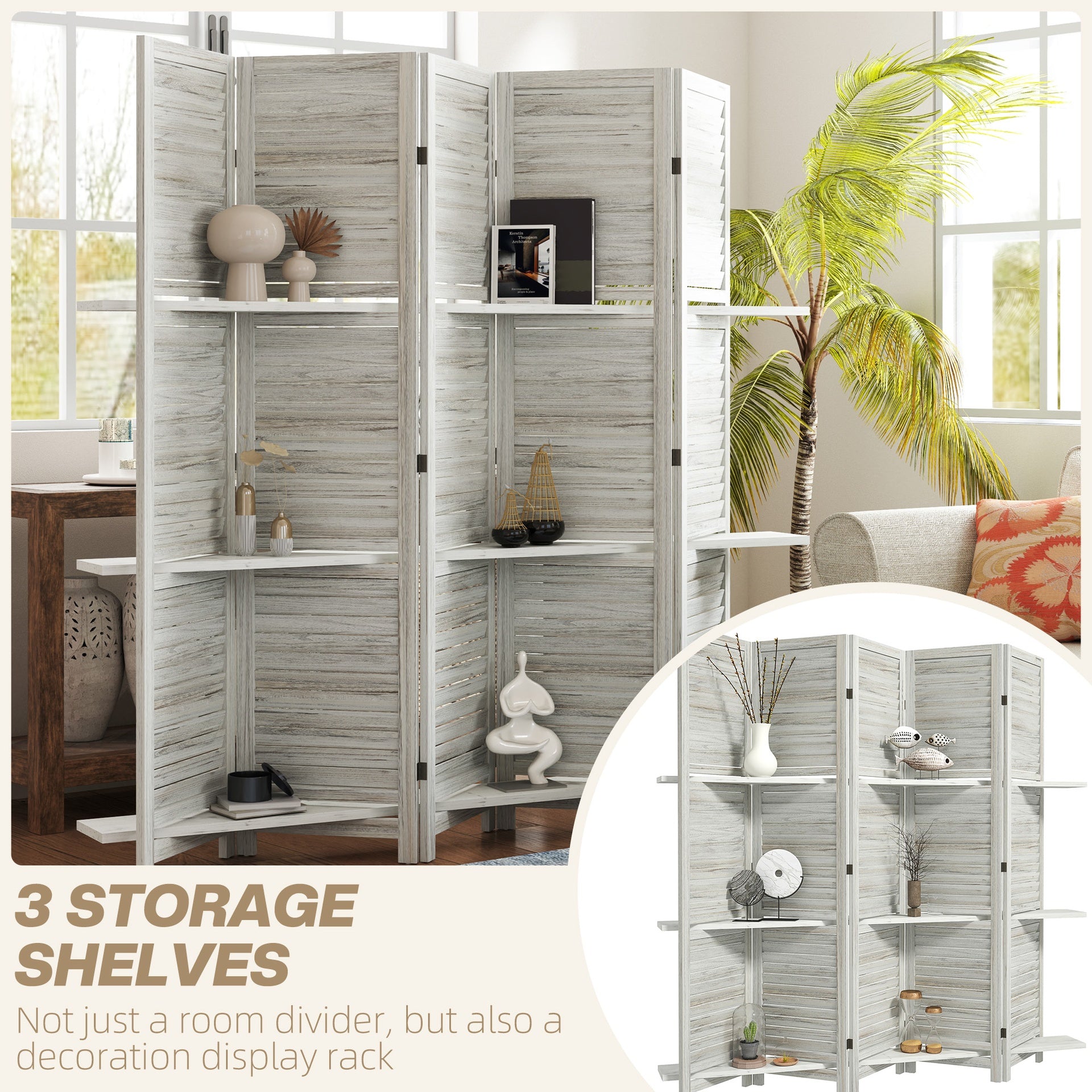 HOMCOM 5 Panel 67" Tall Wood Privacy Screen Room Divider with 3 Shelves and Folding Storage for Bedroom, Distressed White