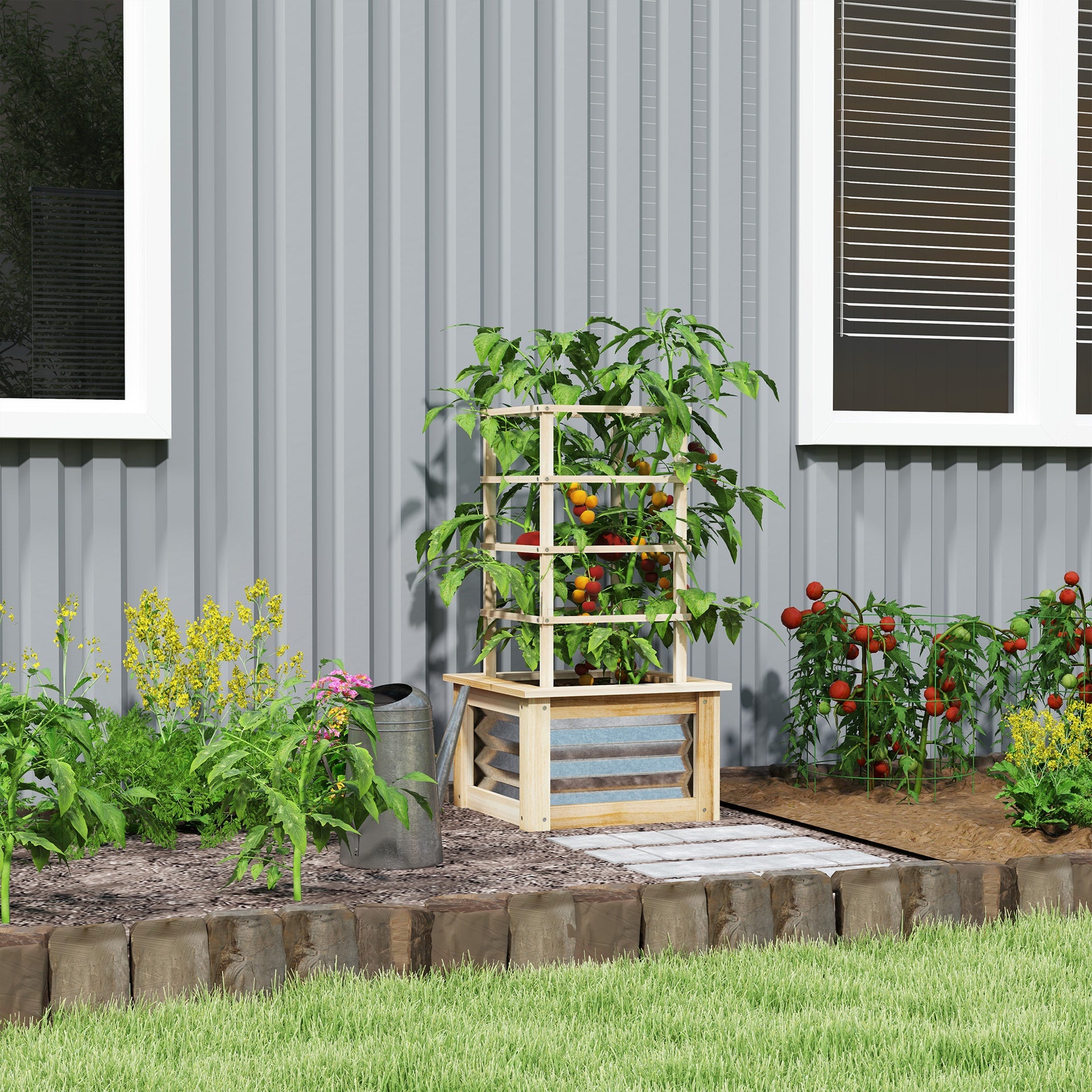 Outsunny Wooden Raised Garden Bed with Trellis, Galvanized Planter Box Elevated Garden Bed for Garden, Patio, Natural Wood