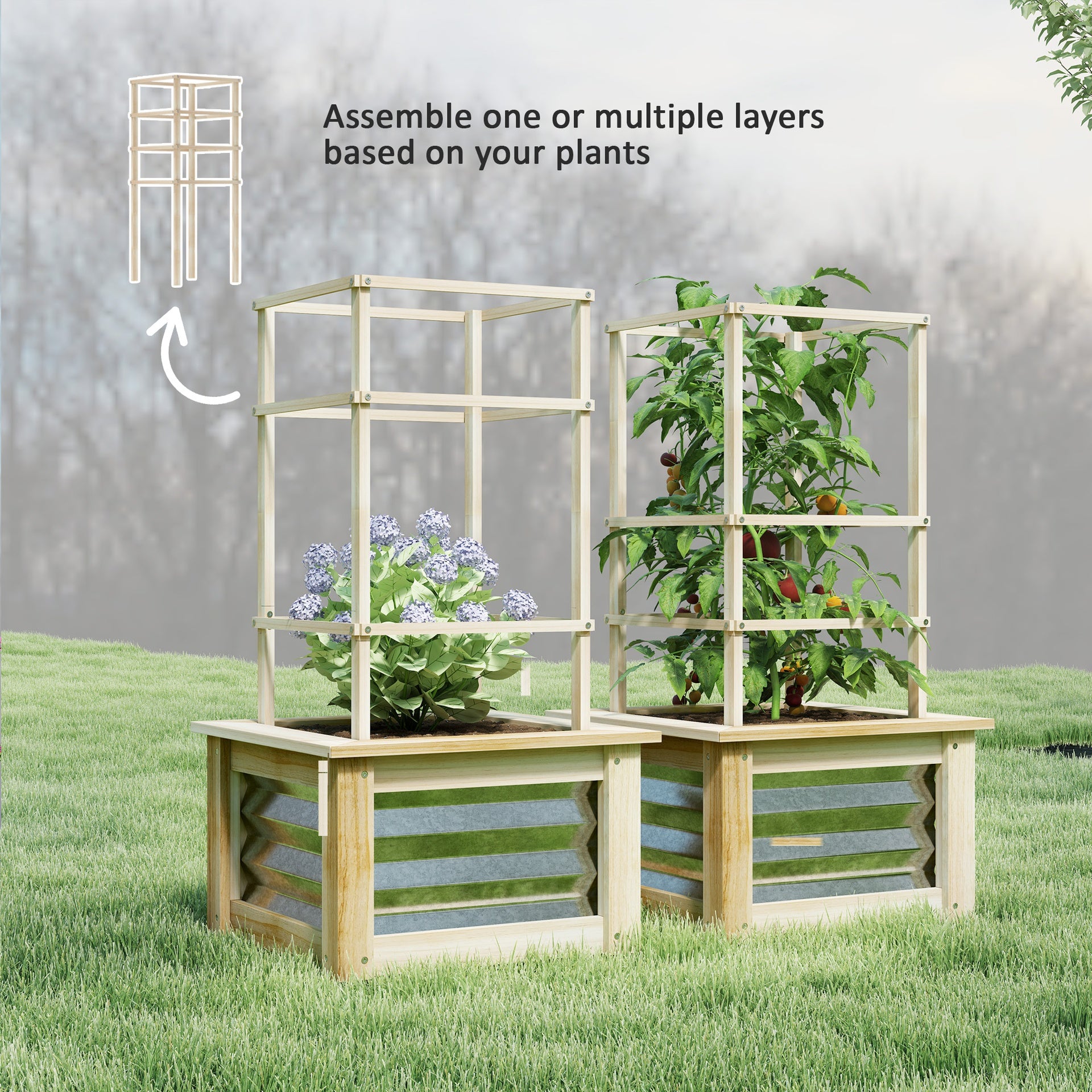 Outsunny Wooden Raised Garden Bed with Trellis, Galvanized Planter Box Elevated Garden Bed for Garden, Patio, Natural Wood