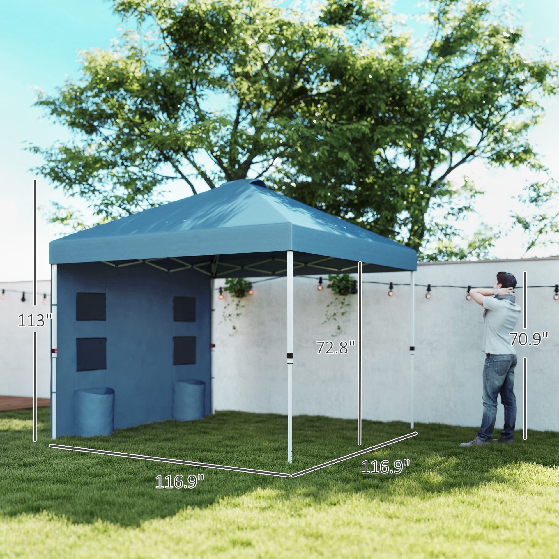 Outsunny 10' x 10' Pop Up Canopy Tent w/ Sidewall, UPF50+ Height Adjustable Instant Sun Shelter w/ Storage Pockets, Sea Blue