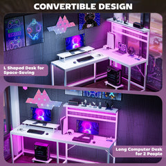 HOMCOM 61.6" L Shaped Gaming Desk with Power Outlets & LED Lights, Computer Desk with Monitor Stand and CPU Shelf, White