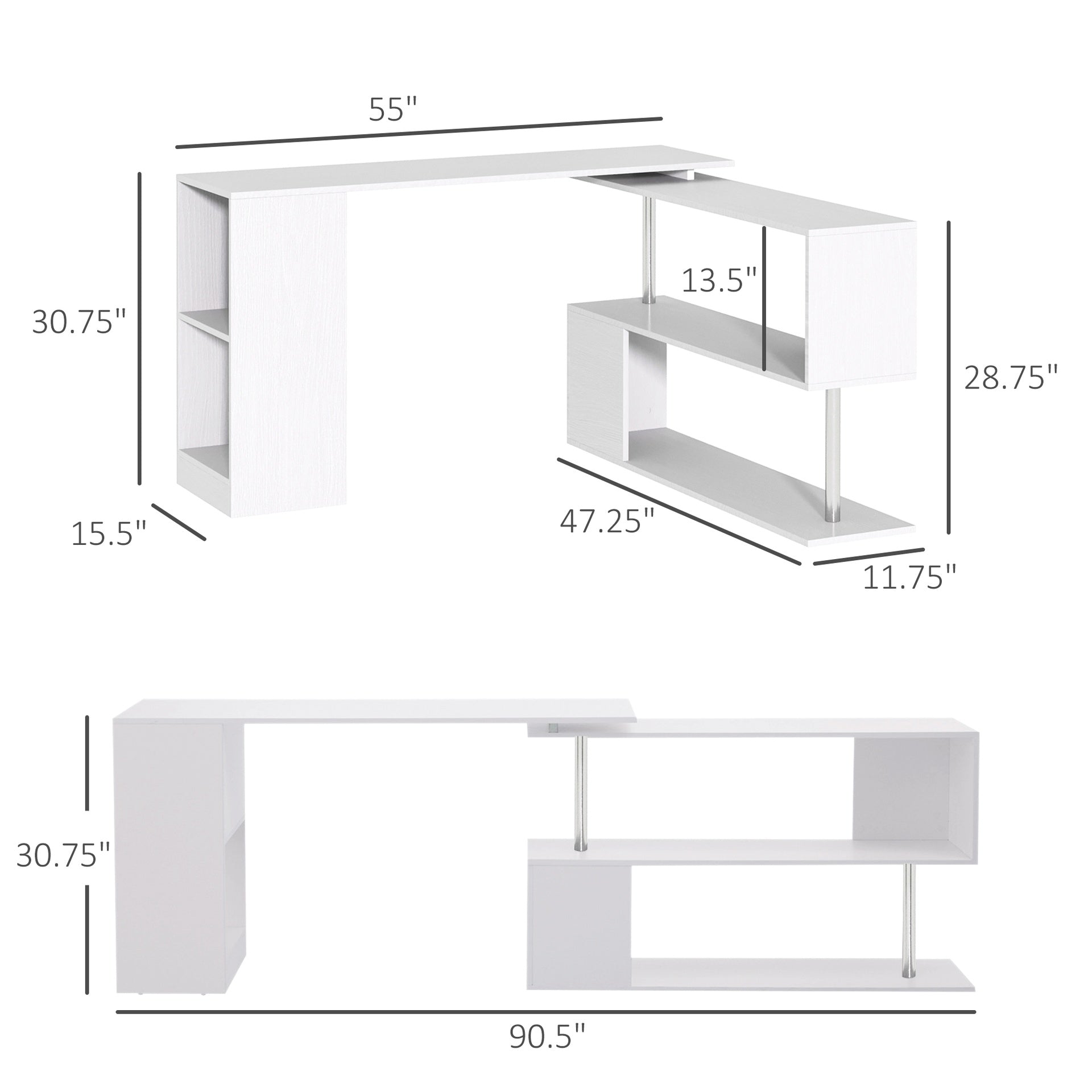 HOMCOM 55" 360° Rotating Corner Computer Desk Modern L-Shaped Home Office Workstation with 3-Tier Storage Shelves, Bookshelf, White