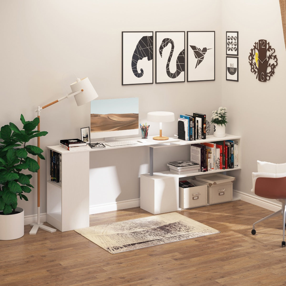 HOMCOM 55" 360° Rotating Corner Computer Desk Modern L-Shaped Home Office Workstation with 3-Tier Storage Shelves, Bookshelf, White