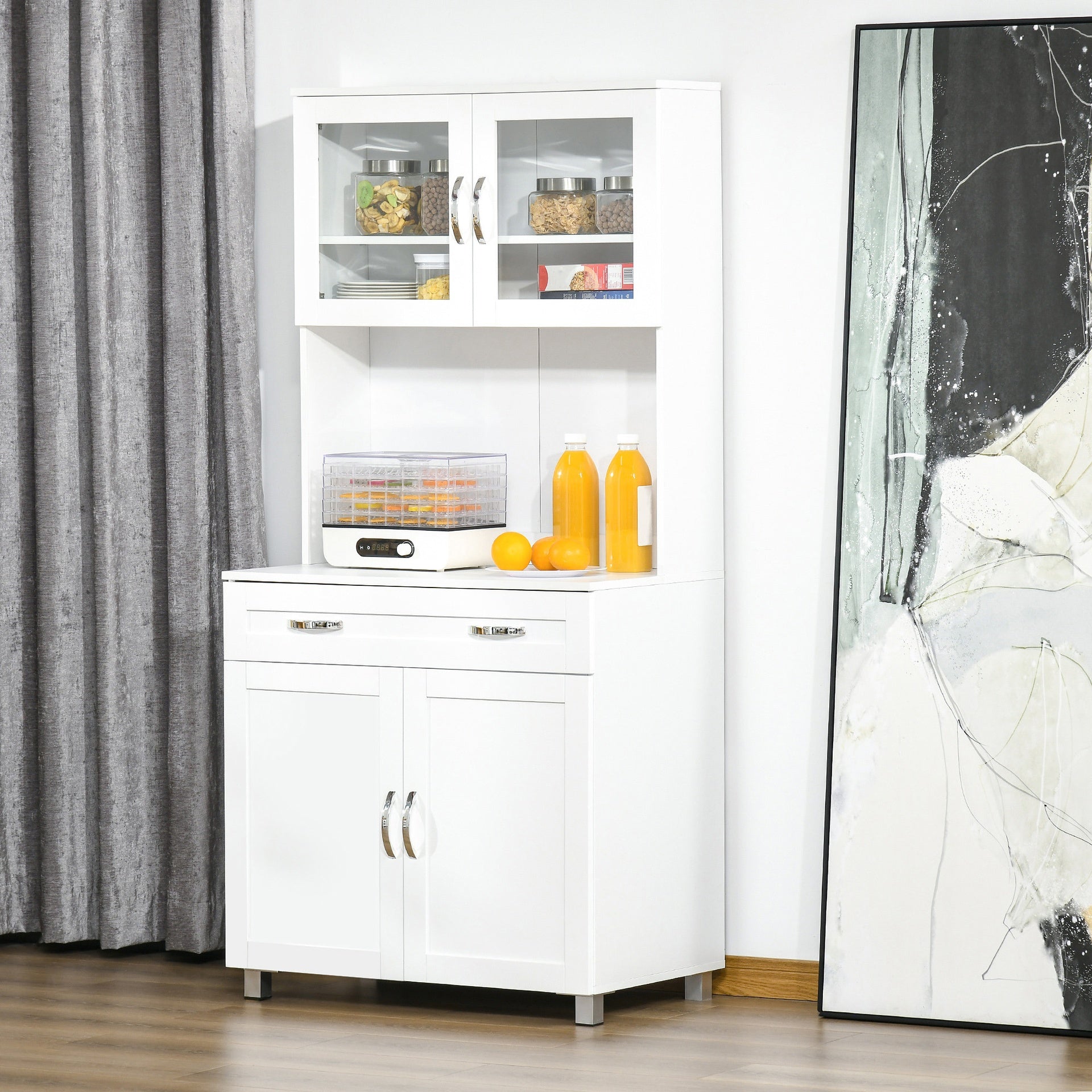 HOMCOM 67" Buffet with Hutch, Modern Kitchen Pantry, Freestanding Storage Cabinet with Framed Glass Doors, Shelves and Drawers, White