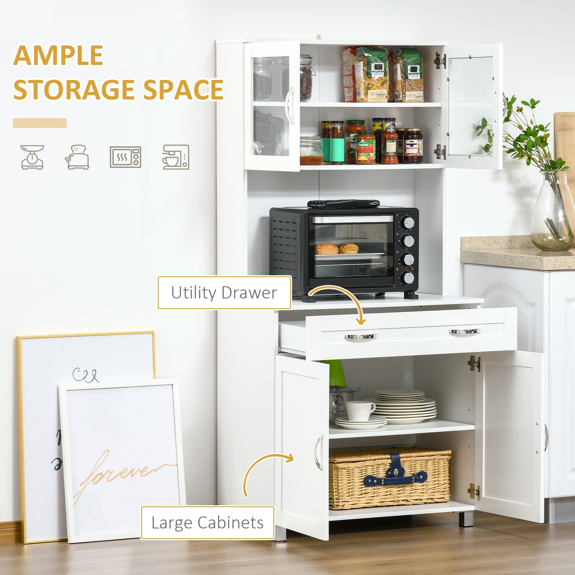 HOMCOM 67" Buffet with Hutch, Modern Kitchen Pantry, Freestanding Storage Cabinet with Framed Glass Doors, Shelves and Drawers, White
