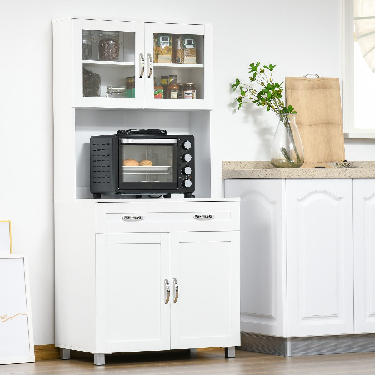 HOMCOM 67" Buffet with Hutch, Modern Kitchen Pantry, Freestanding Storage Cabinet with Framed Glass Doors, Shelves and Drawers, White