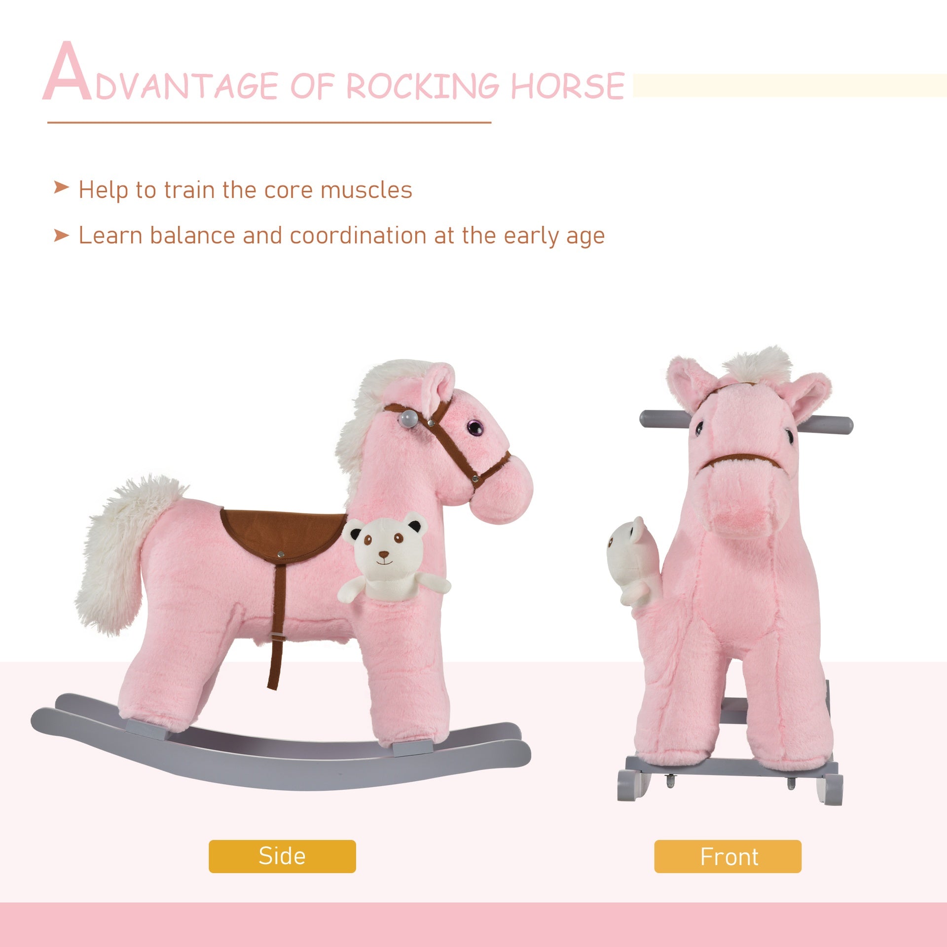 Qaba Kids Rocking Horse with Bear Toy, Plush Animal Rocker with Fun Realistic Sounds for Toddler 18-36 Months, Pink