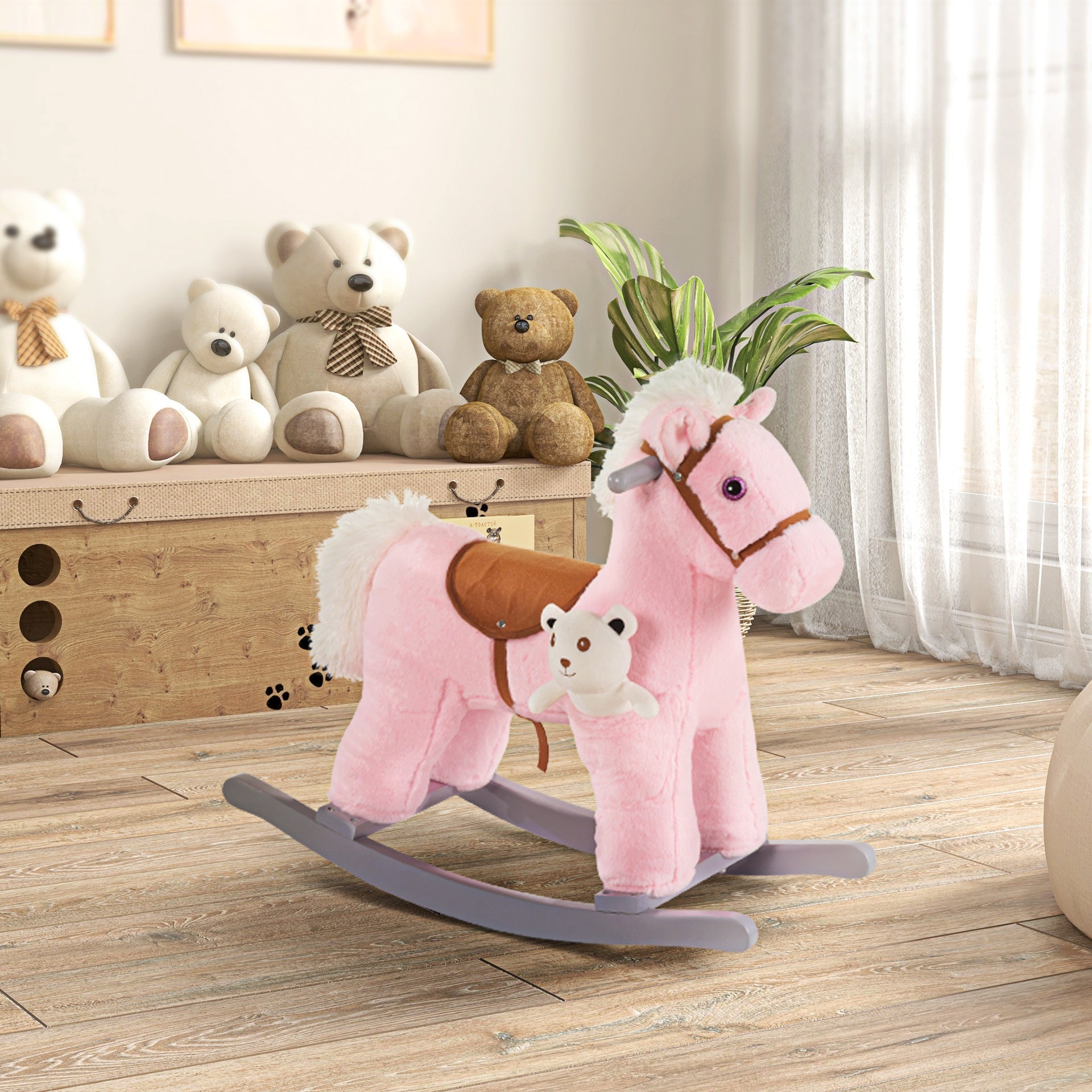 Qaba Kids Rocking Horse with Bear Toy, Plush Animal Rocker with Fun Realistic Sounds for Toddler 18-36 Months, Pink