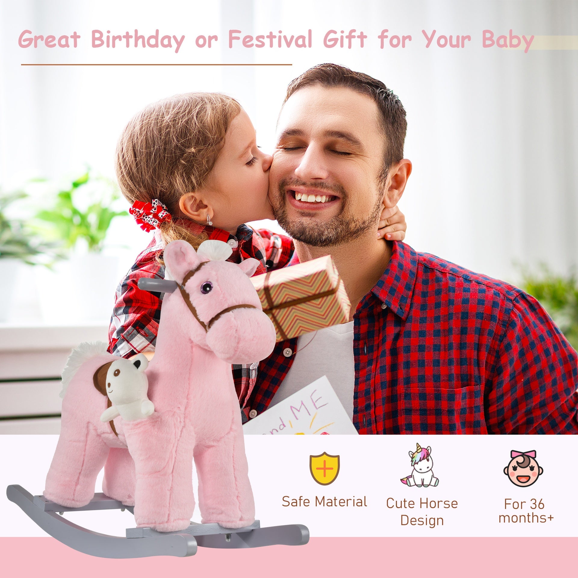 Qaba Kids Rocking Horse with Bear Toy, Plush Animal Rocker with Fun Realistic Sounds for Toddler 18-36 Months, Pink