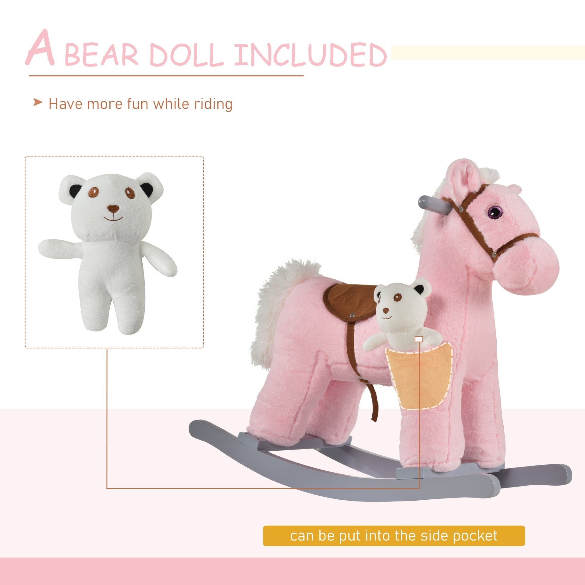 Qaba Kids Rocking Horse with Bear Toy, Plush Animal Rocker with Fun Realistic Sounds for Toddler 18-36 Months, Pink