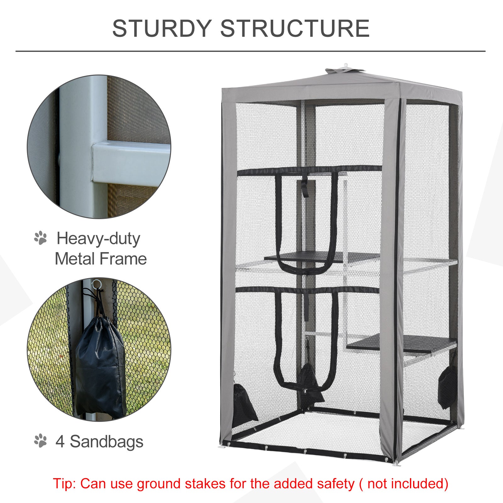 PawHut 79"H Cat House Kitten Enclosure Mesh Playpen Steel Frame with 3 Platforms, 2 Doors and 4 Sandbags for Stability, Indoor/Outdoor