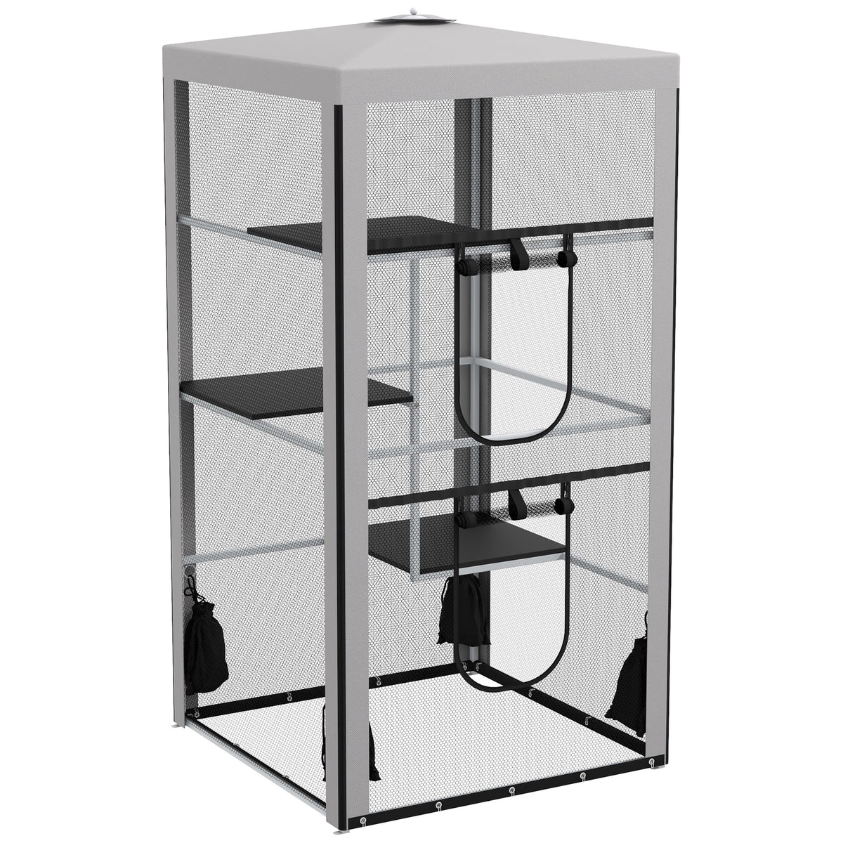 PawHut 79"H Cat House Kitten Enclosure Mesh Playpen Steel Frame with 3 Platforms, 2 Doors and 4 Sandbags for Stability, Indoor/Outdoor