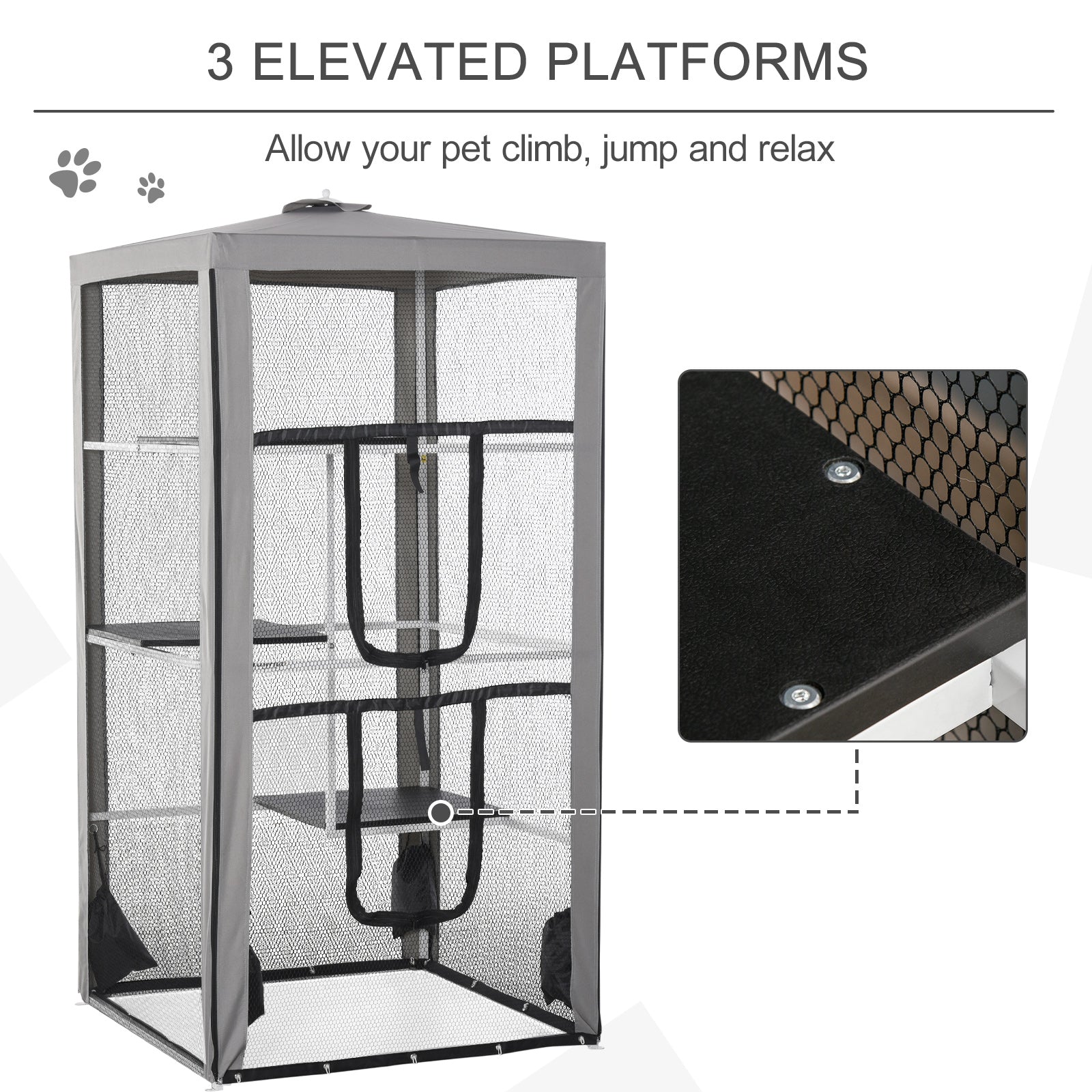 PawHut 79"H Cat House Kitten Enclosure Mesh Playpen Steel Frame with 3 Platforms, 2 Doors and 4 Sandbags for Stability, Indoor/Outdoor