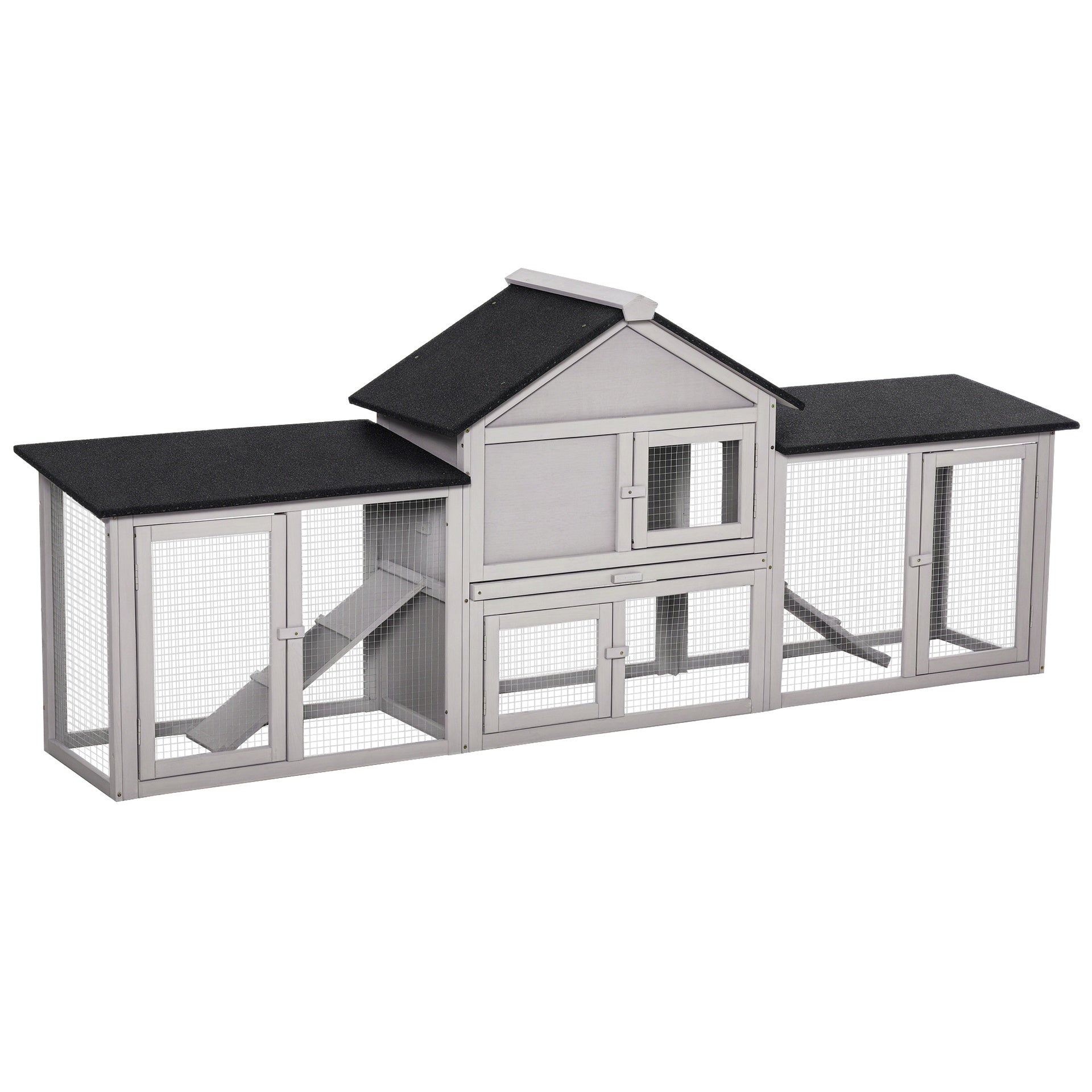 PawHut Outdoor Rabbit House 83" 2 Story Deluxe XL Wooden Rabbit Hutch Big Bunny Cage w/ Ladder and Run, Gray