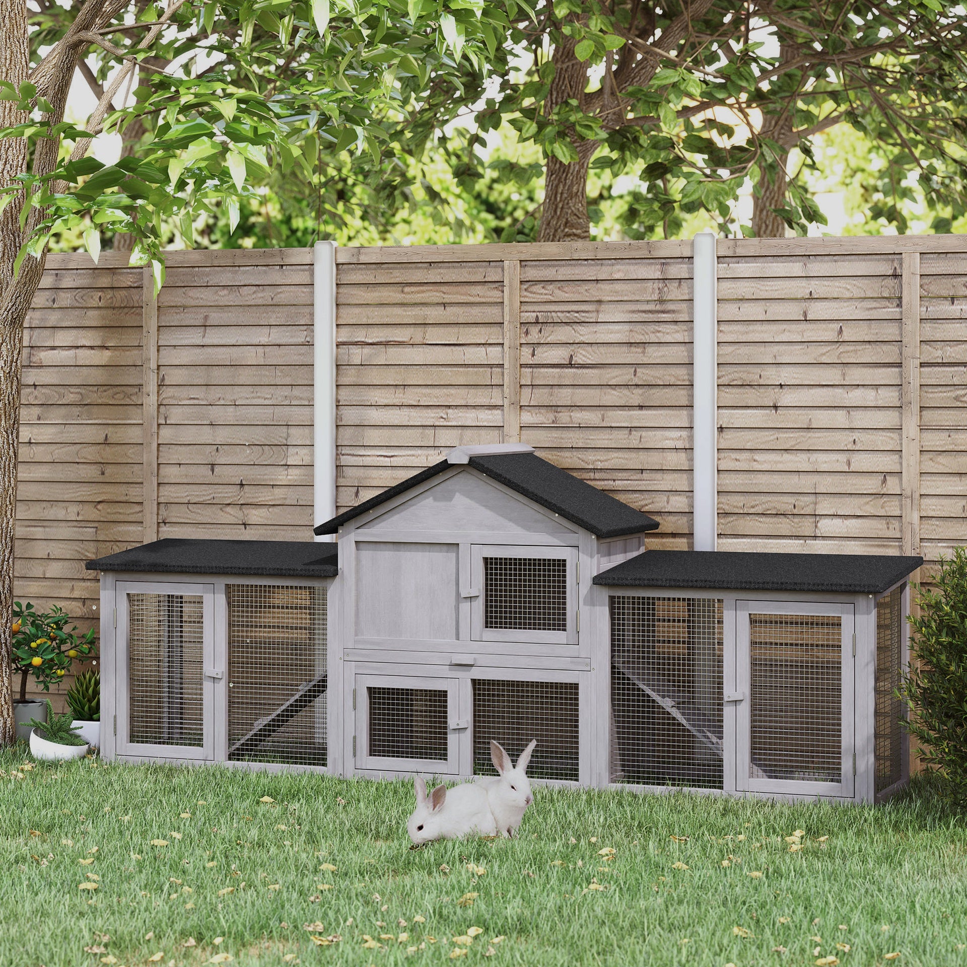 PawHut Outdoor Rabbit House 83" 2 Story Deluxe XL Wooden Rabbit Hutch Big Bunny Cage w/ Ladder and Run, Gray