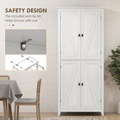 HOMCOM 72" Freestanding Kitchen Pantry Cabinet, Farmhouse Tall Storage Cabinet with 4 Door Cabinets and Adjustable Shelves for Dining Room, White