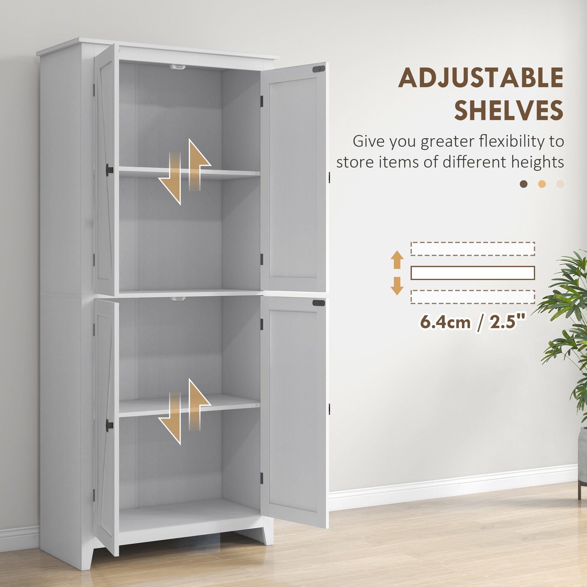 HOMCOM 72" Freestanding Kitchen Pantry Cabinet, Farmhouse Tall Storage Cabinet with 4 Door Cabinets and Adjustable Shelves for Dining Room, White