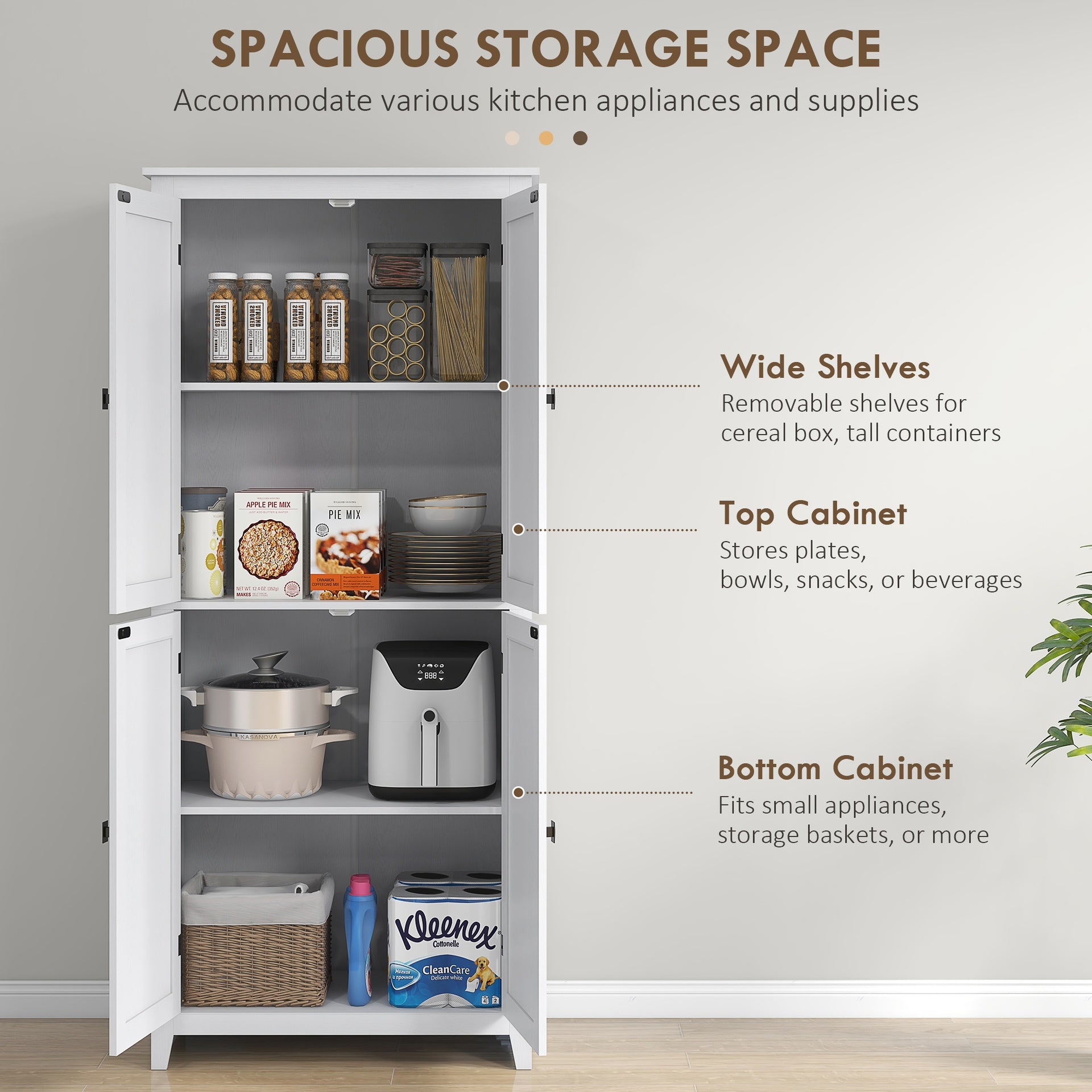 HOMCOM 72" Freestanding Kitchen Pantry Cabinet, Farmhouse Tall Storage Cabinet with 4 Door Cabinets and Adjustable Shelves for Dining Room, White
