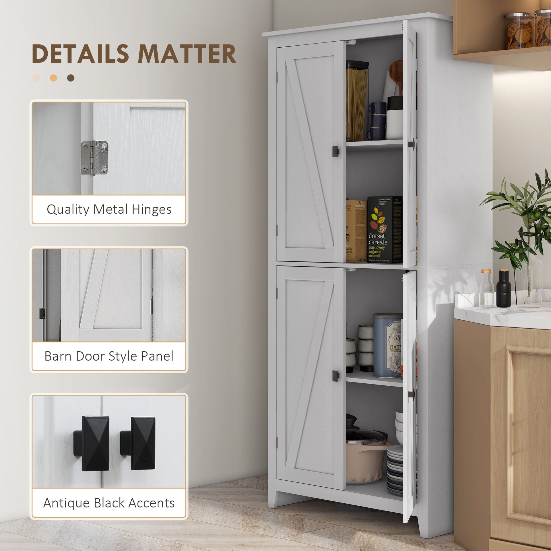 HOMCOM 72" Freestanding Kitchen Pantry Cabinet, Farmhouse Tall Storage Cabinet with 4 Door Cabinets and Adjustable Shelves for Dining Room, White