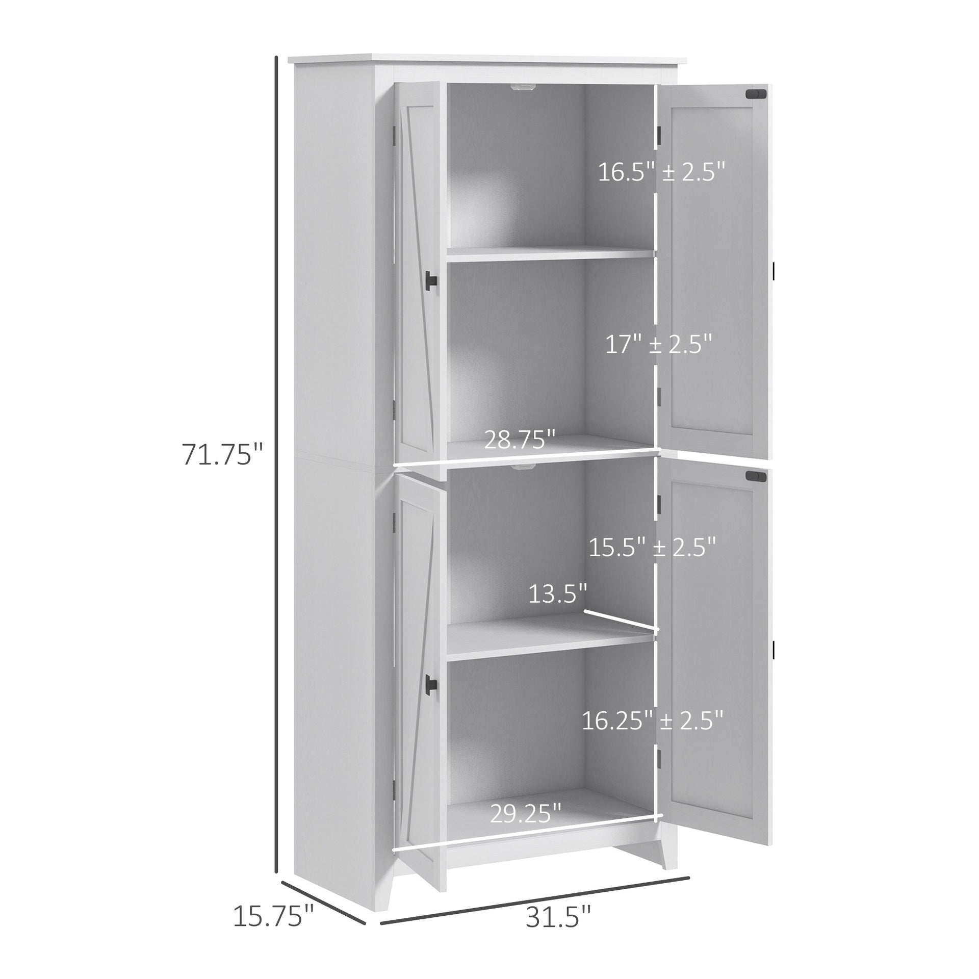 HOMCOM 72" Freestanding Kitchen Pantry Cabinet, Farmhouse Tall Storage Cabinet with 4 Door Cabinets and Adjustable Shelves for Dining Room, White