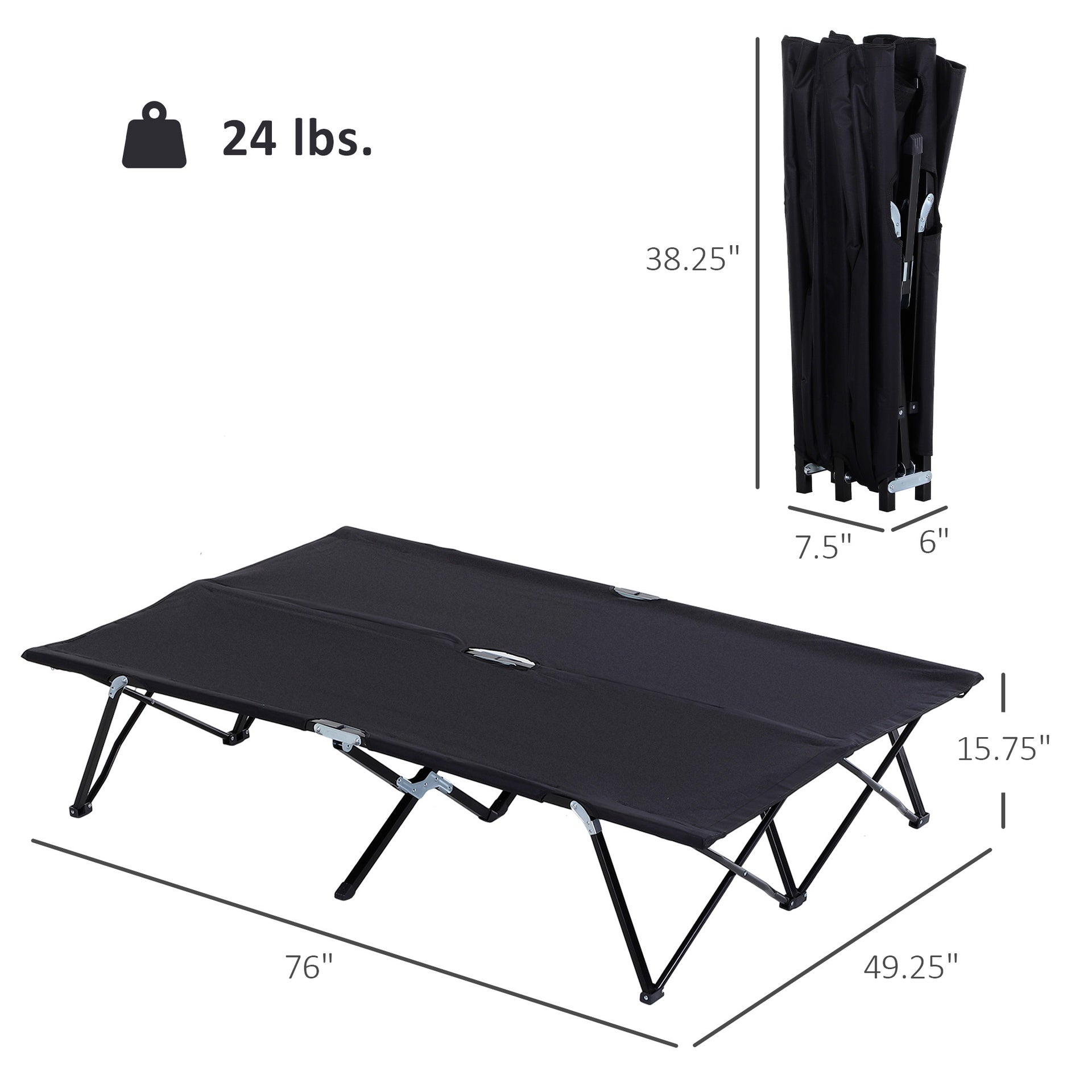 Outsunny 2 Person Folding Camping Cot for Adults, 50" Extra Wide Outdoor Portable Sleeping Cot with Carry Bag, Elevated Camping Bed, Beach Hiking, Black