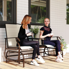 Outsunny Outdoor Glider Bench with Center Table, Metal Frame Patio Loveseat with Breathable Mesh Fabric and Armrests for Backyard Garden Porch, Beige