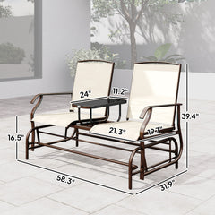 Outsunny Outdoor Glider Bench with Center Table, Metal Frame Patio Loveseat with Breathable Mesh Fabric and Armrests for Backyard Garden Porch, Beige