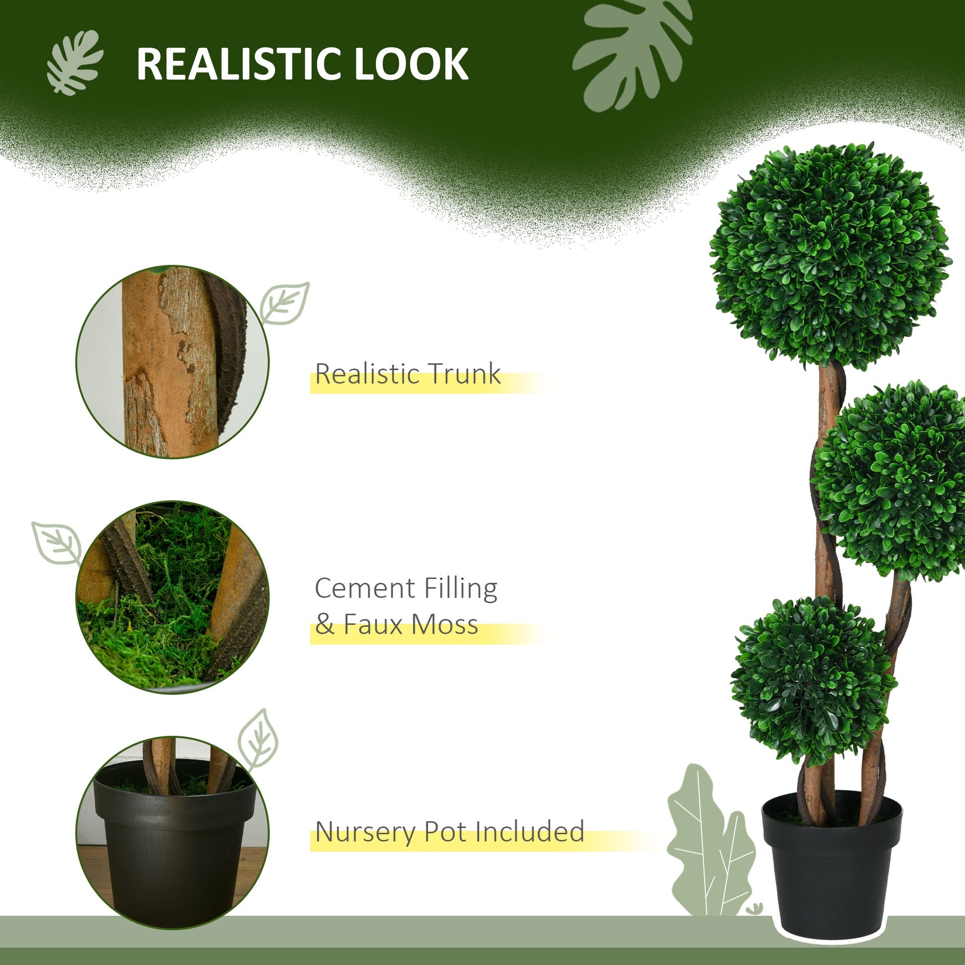 HOMCOM 3.5ft Artificial Tree, Triple Ball Boxwood Topiary with Pot and Sandalwood Leaves, for Indoor Outdoor Home
