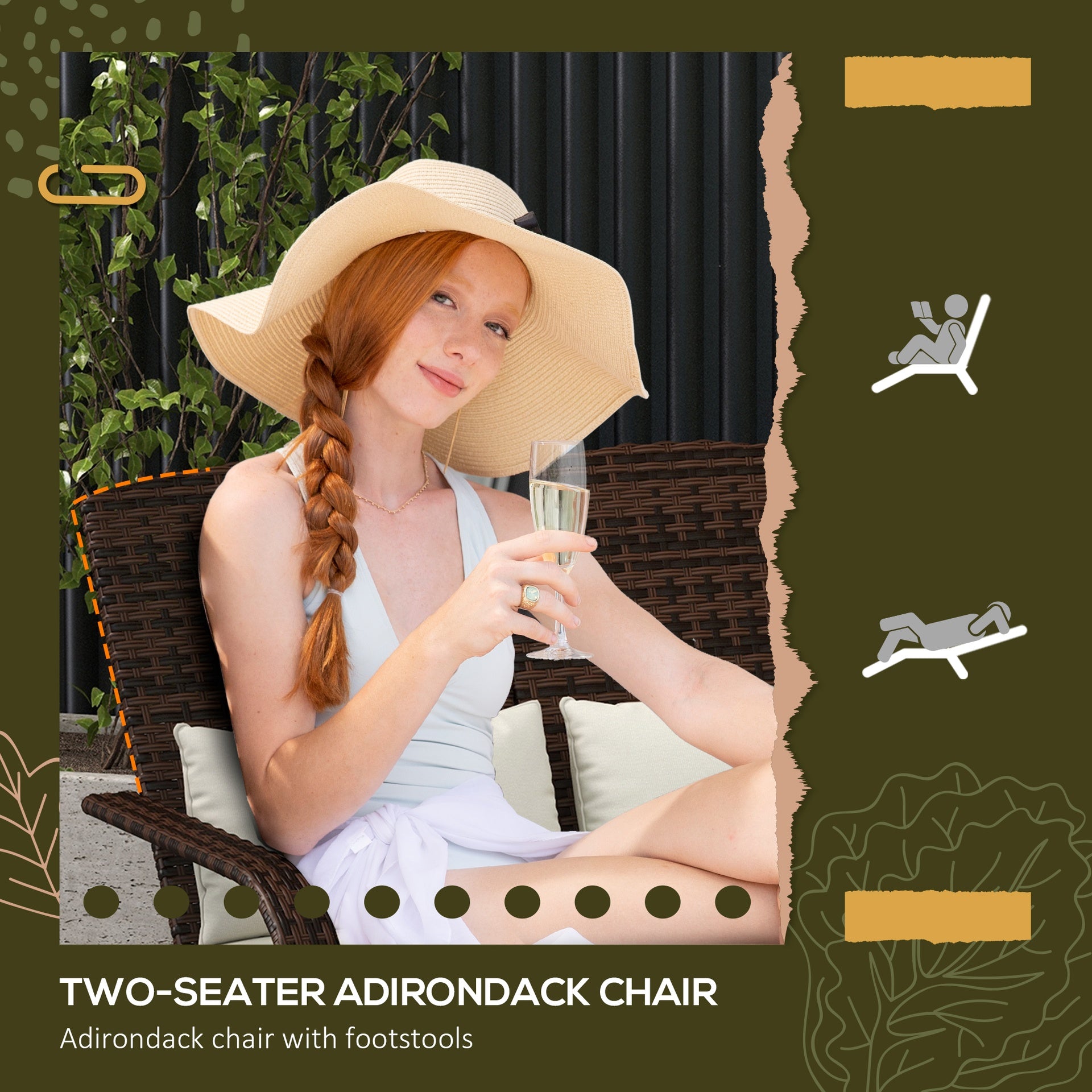 Outsunny 2 Person Patio Wicker Adirondack Chair, High-Back Fire Pit Chair with Cushions, Cream White