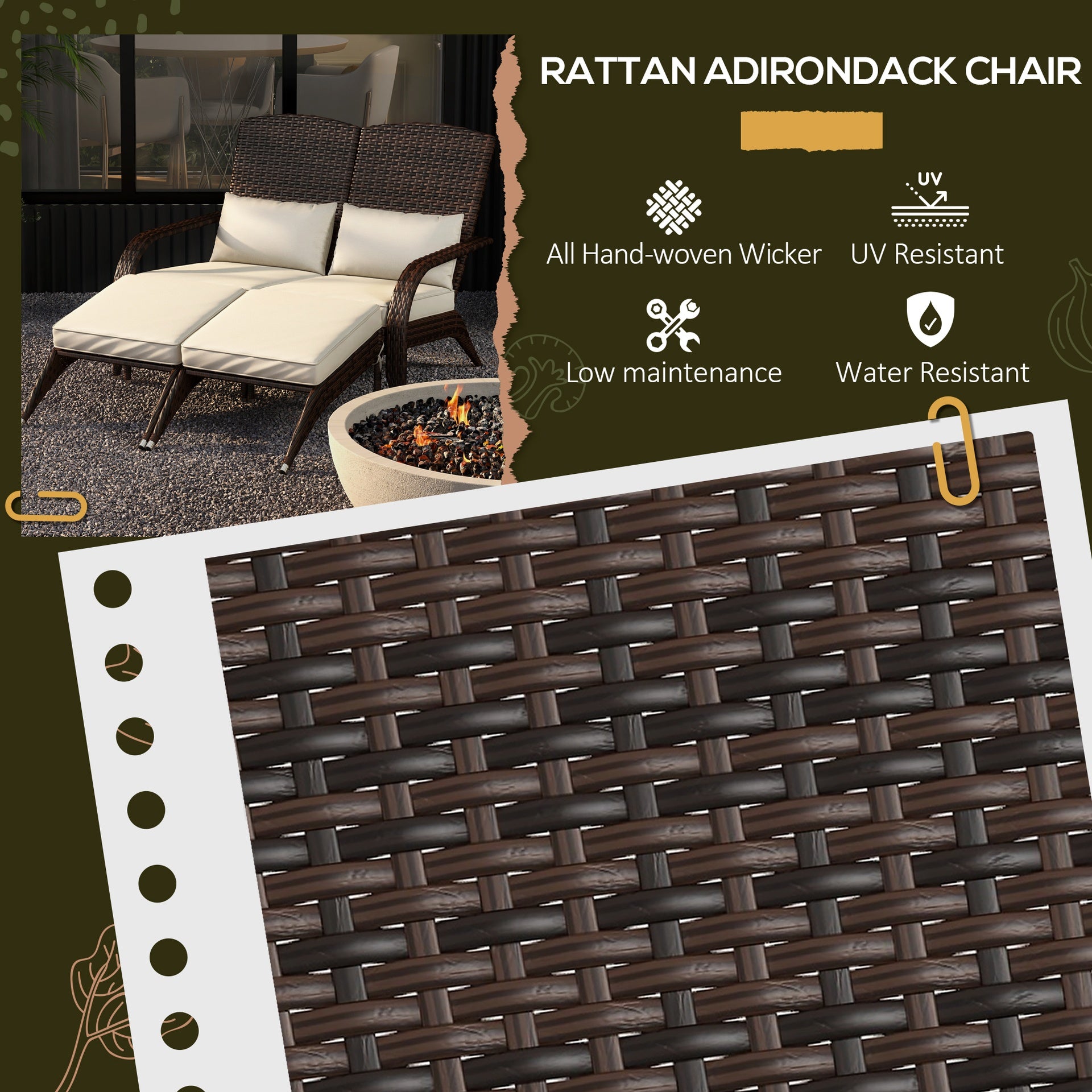 Outsunny 2 Person Patio Wicker Adirondack Chair, High-Back Fire Pit Chair with Cushions, Cream White
