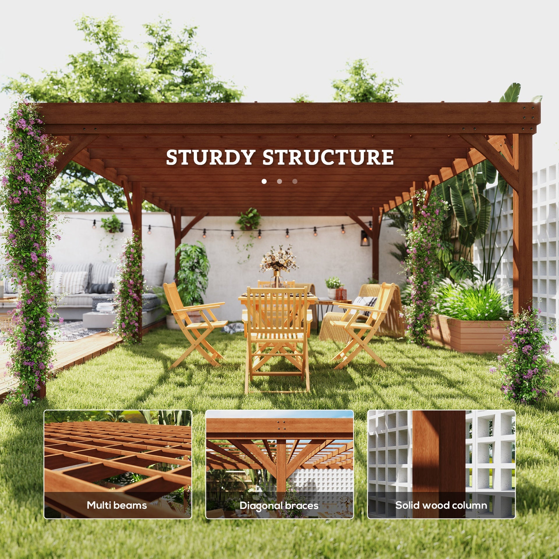 Outsunny 12' x 20' Outdoor Wooden Pergola, Grape Vine Gazebo with Concrete Anchors for Garden, Patio, Backyard, Deck, Brown
