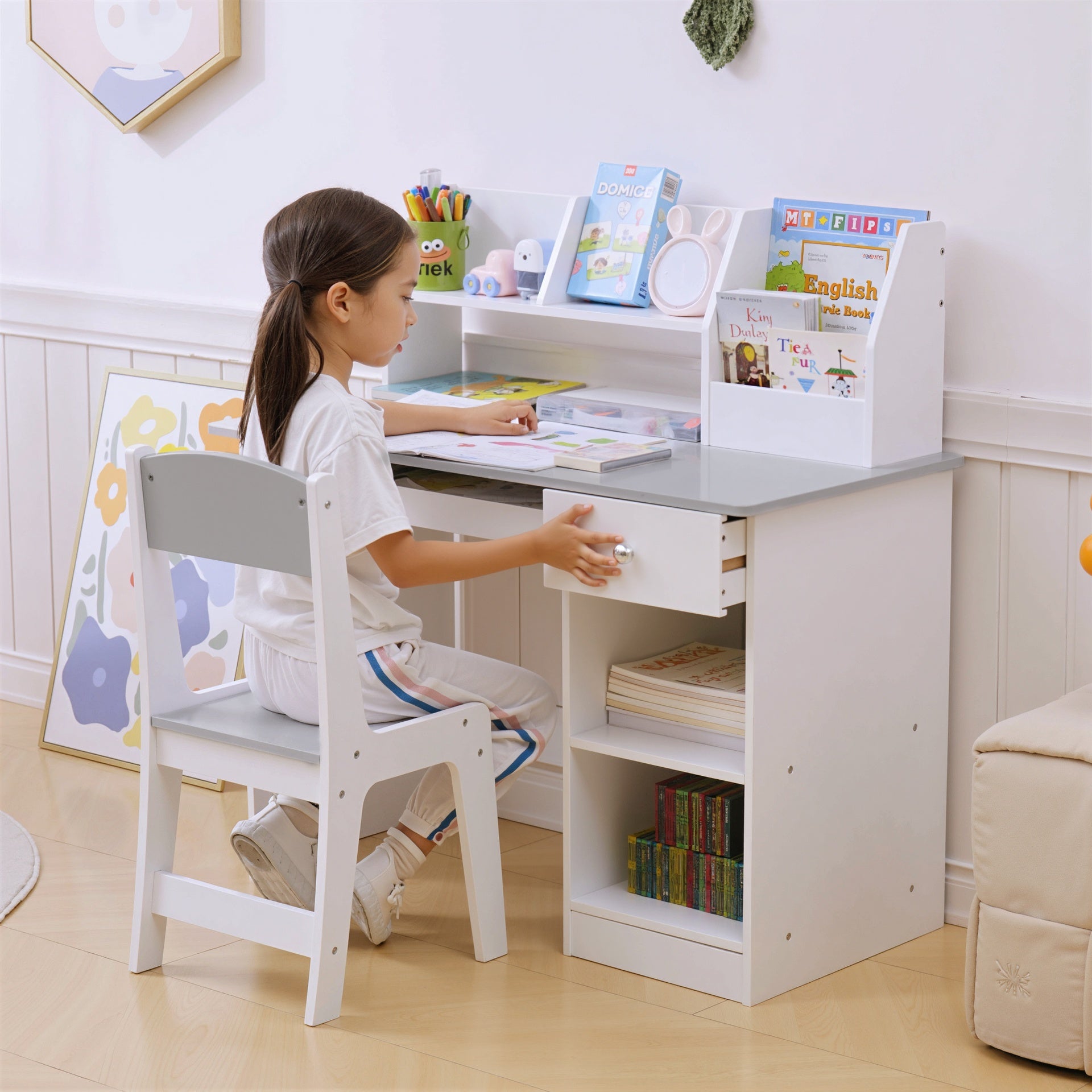 Qaba Kids Desk and Chair Set with Storage, Study Desk with Chair for Children 5-8 Years Old, Gray
