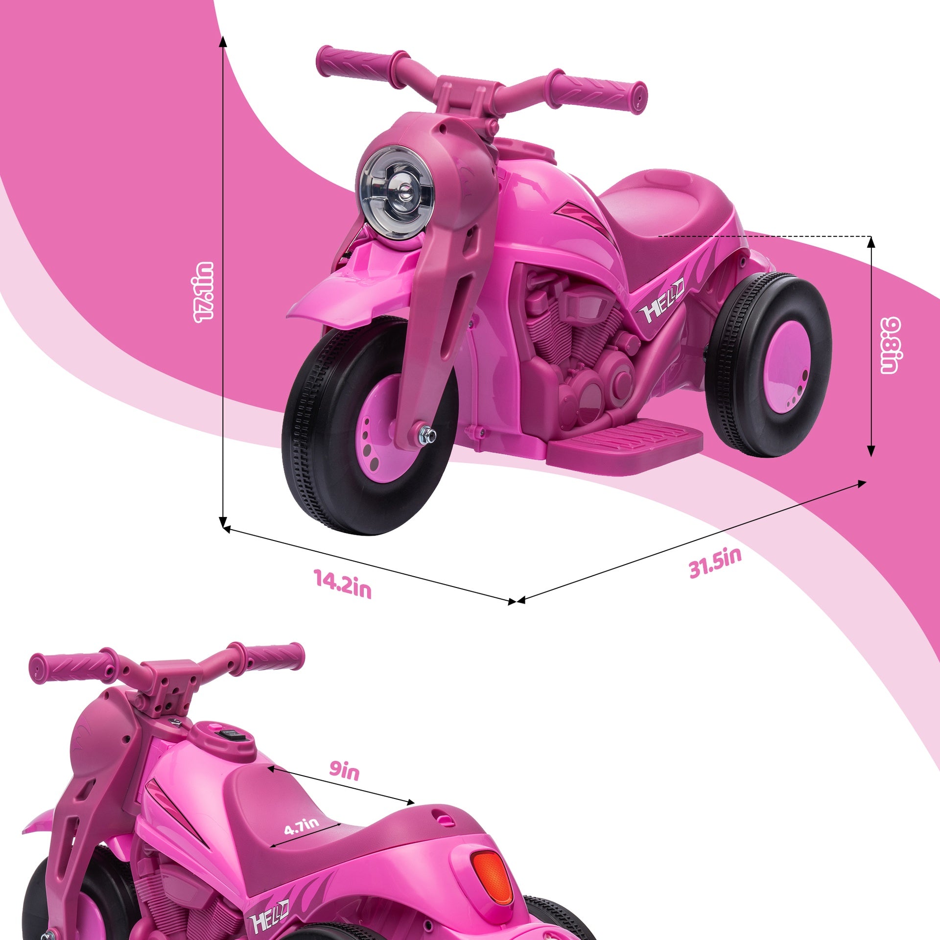Qaba Ride On Motorcycle, 6V Ride on Bubble Car, 3 Wheeled Electric Motorcycle for Kids w/ LED Headlight, Music, Pink
