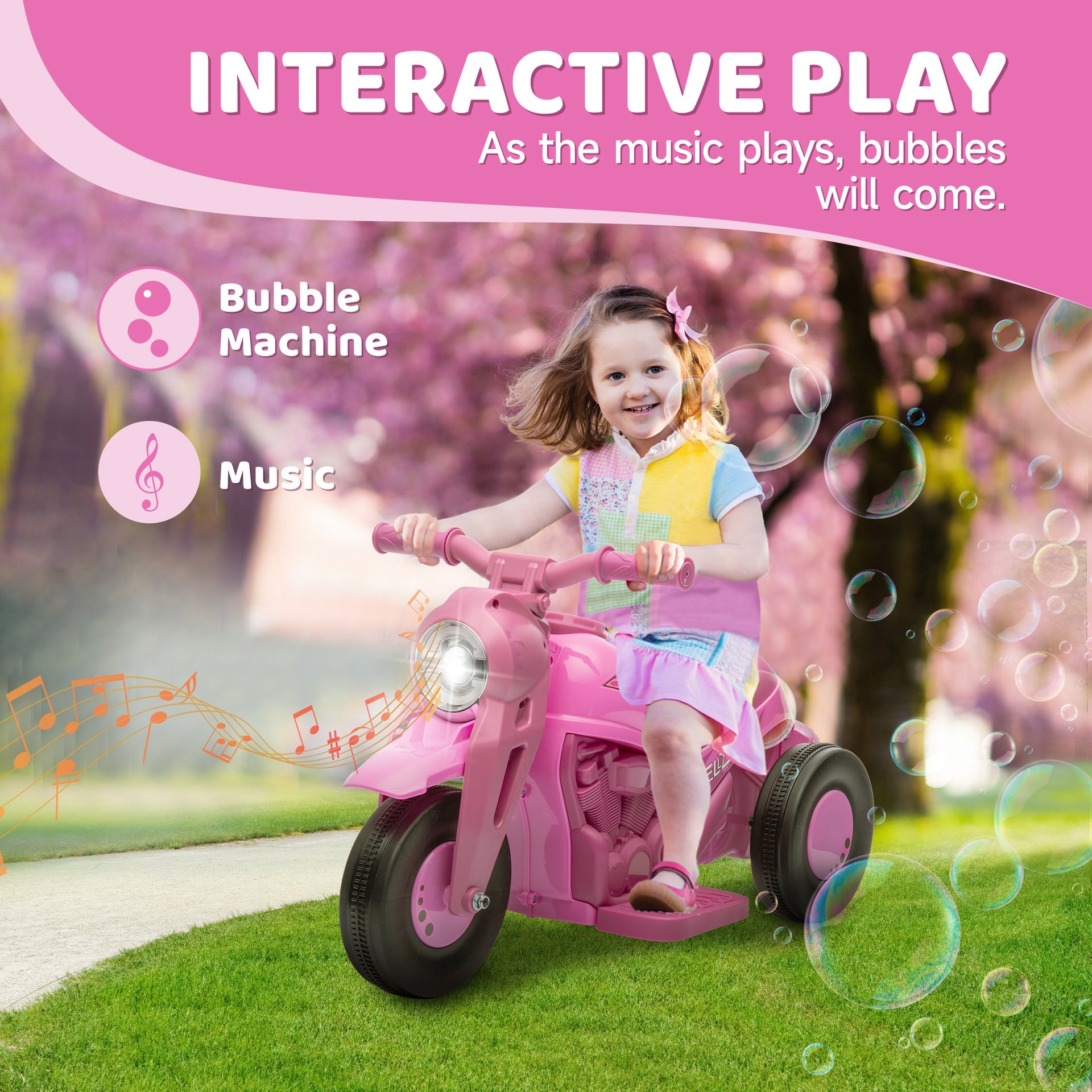 Qaba Ride On Motorcycle, 6V Ride on Bubble Car, 3 Wheeled Electric Motorcycle for Kids w/ LED Headlight, Music, Pink