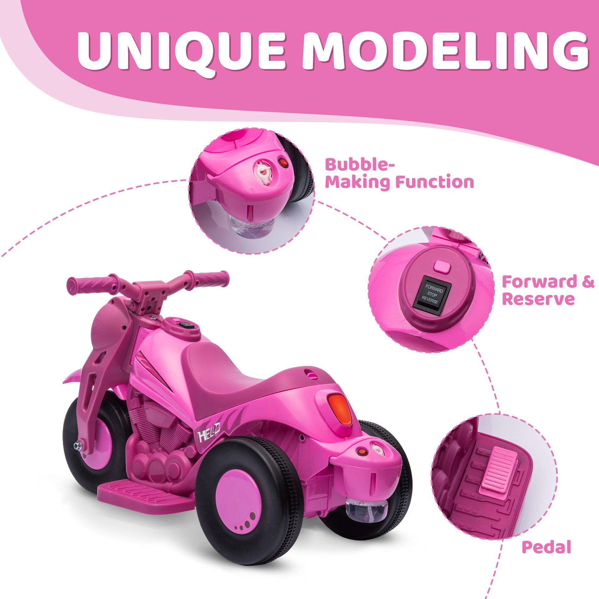 Qaba Ride On Motorcycle, 6V Ride on Bubble Car, 3 Wheeled Electric Motorcycle for Kids w/ LED Headlight, Music, Pink