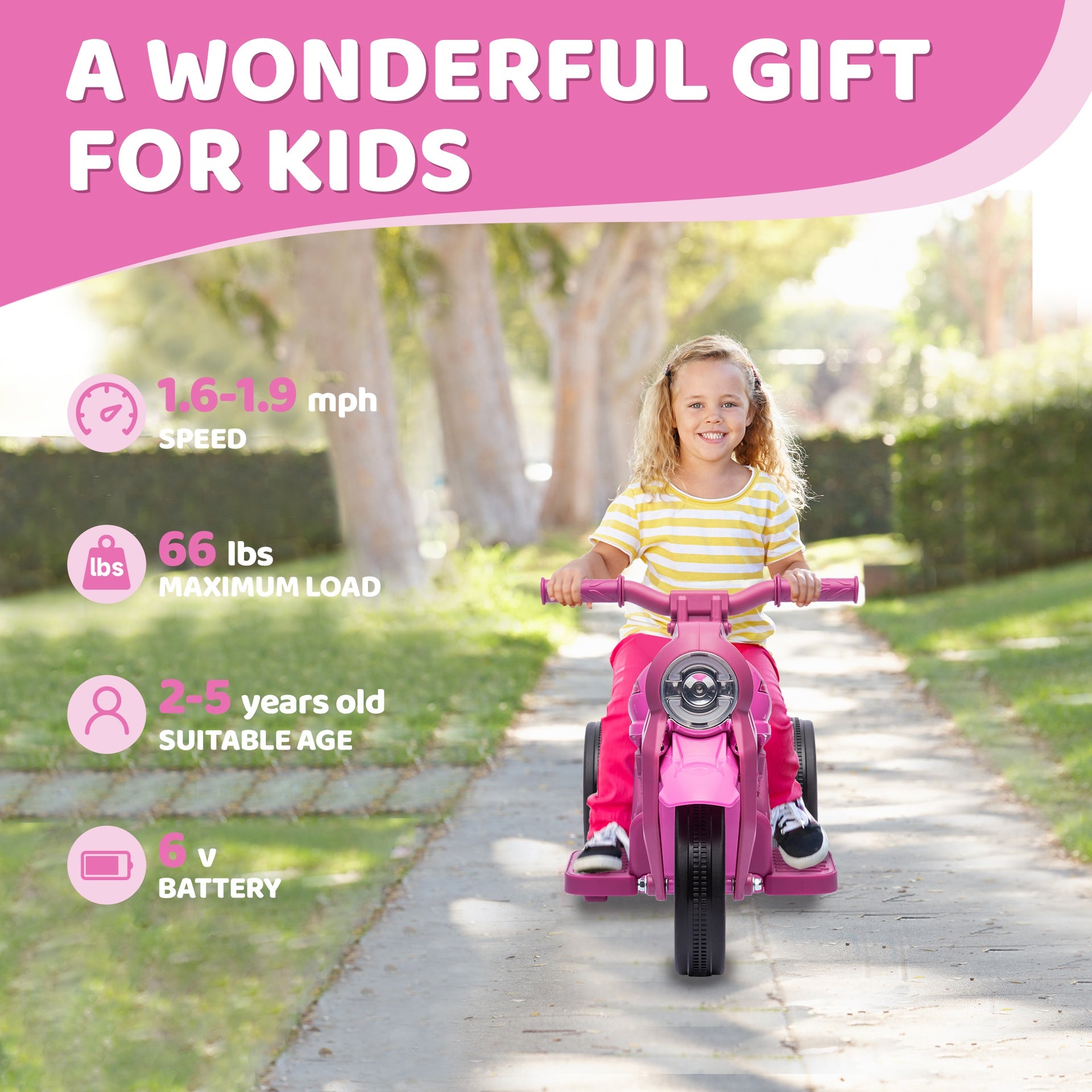 Qaba Ride On Motorcycle, 6V Ride on Bubble Car, 3 Wheeled Electric Motorcycle for Kids w/ LED Headlight, Music, Pink