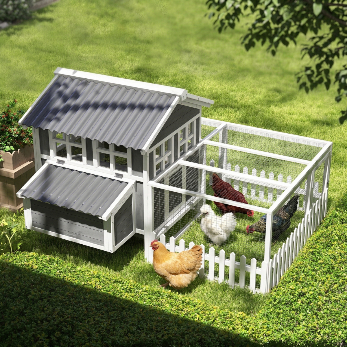 PawHut Wooden Chicken Coop with Run for 1-2 Chickens, 68" x 59" x 42"