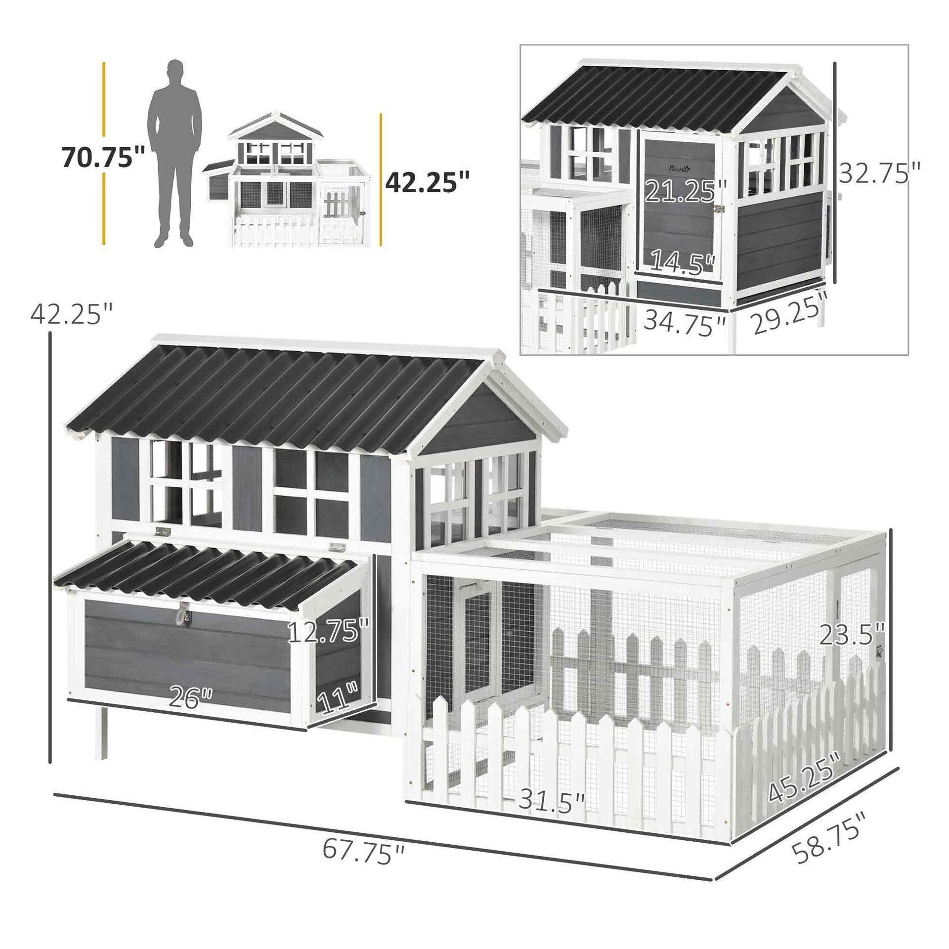 PawHut Wooden Chicken Coop with Run for 1-2 Chickens, 68" x 59" x 42"