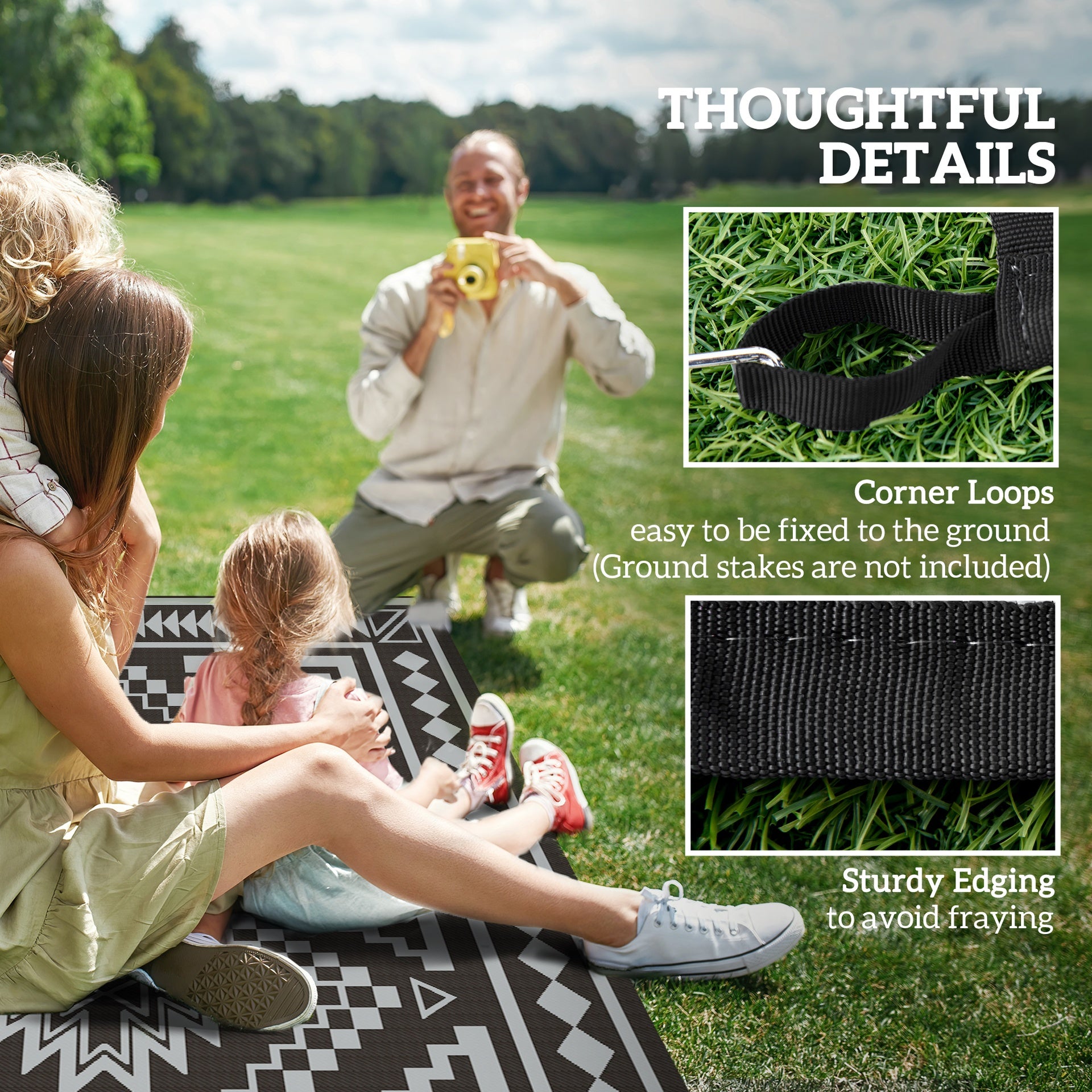 Outsunny Reversible Outdoor Rug, Waterproof Plastic Straw with Carry Bag, 9' x 18', Black & Gray Square Patchwork