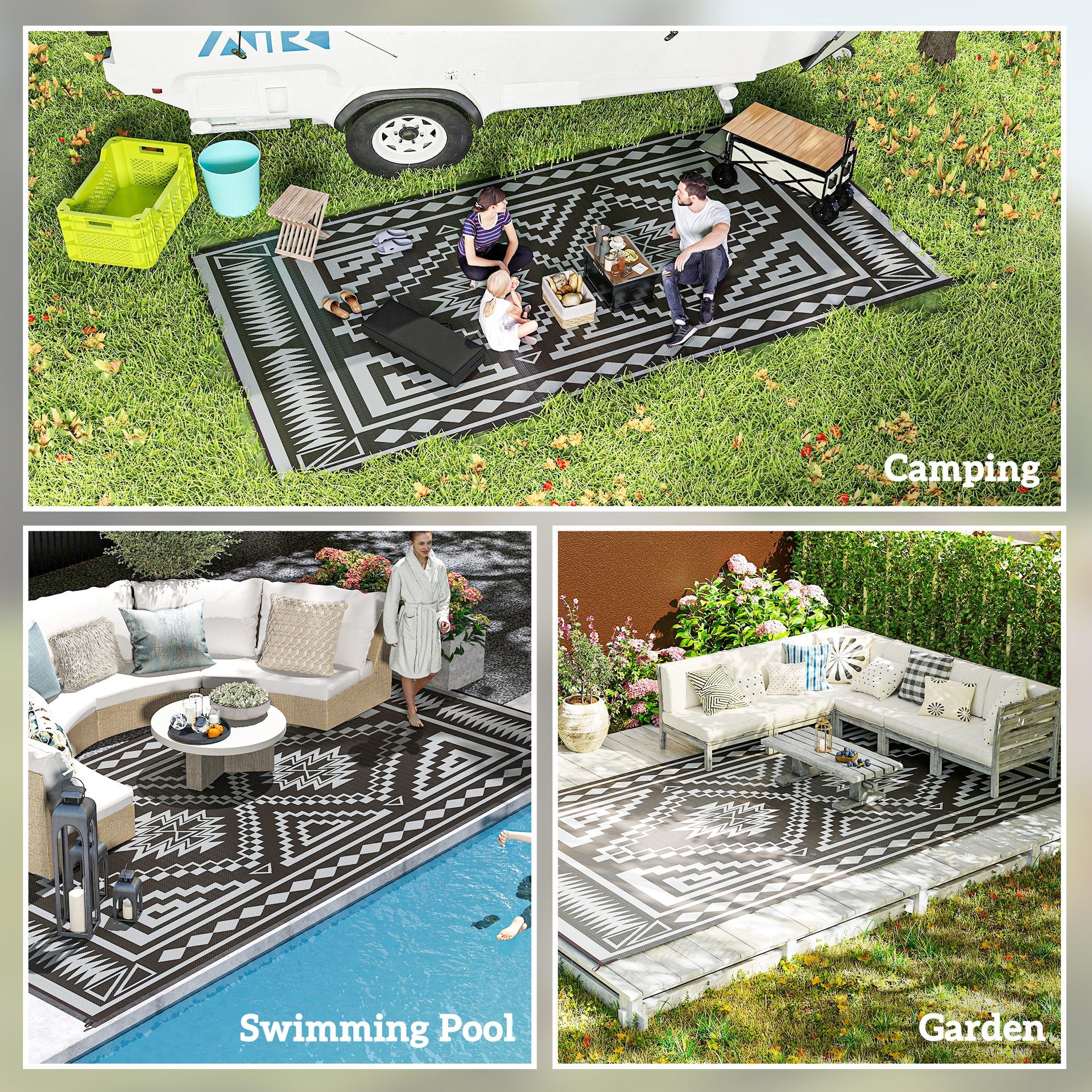 Outsunny Reversible Outdoor Rug, Waterproof Plastic Straw with Carry Bag, 9' x 18', Black & Gray Square Patchwork