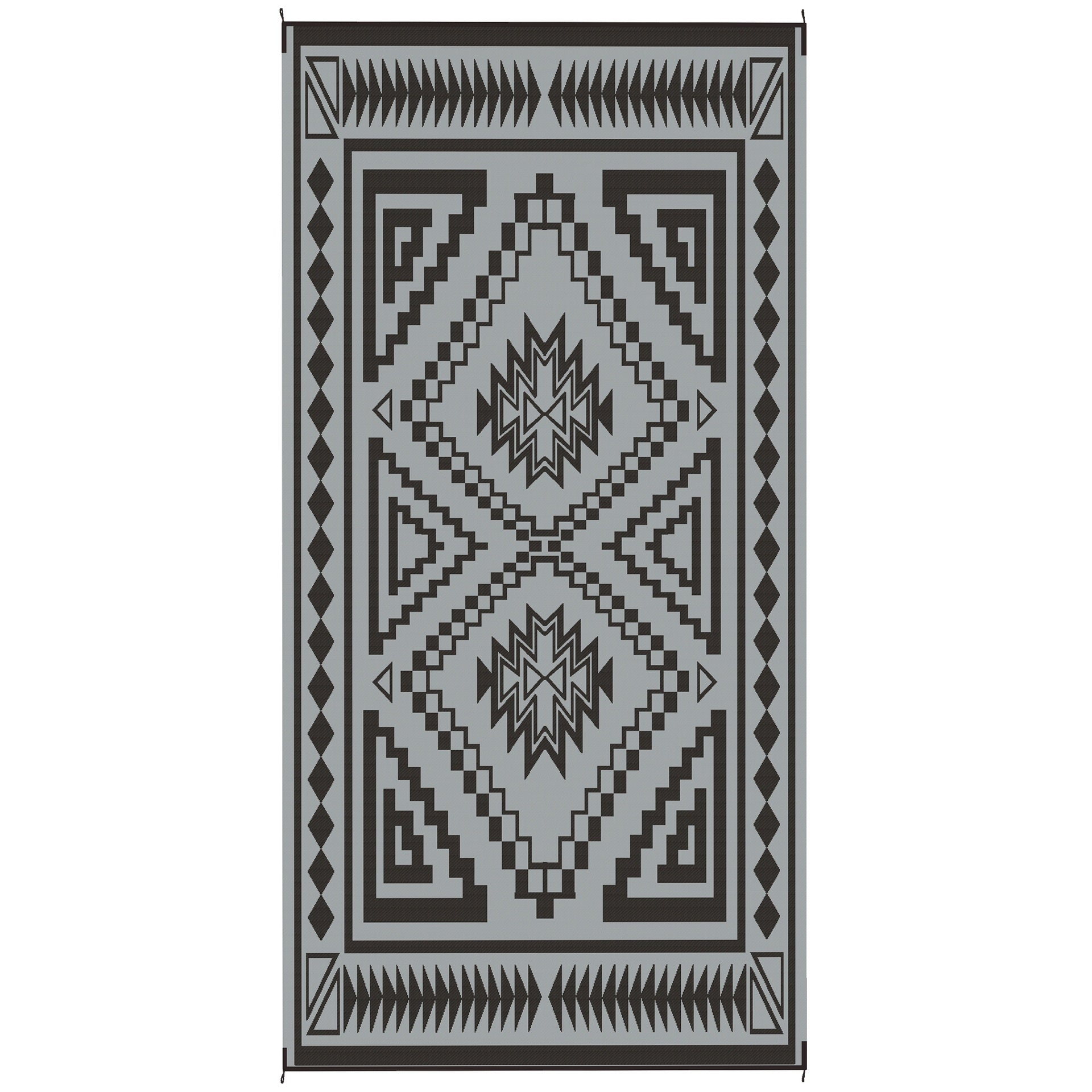 Outsunny Reversible Outdoor Rug, Waterproof Plastic Straw with Carry Bag, 9' x 18', Black & Gray Square Patchwork