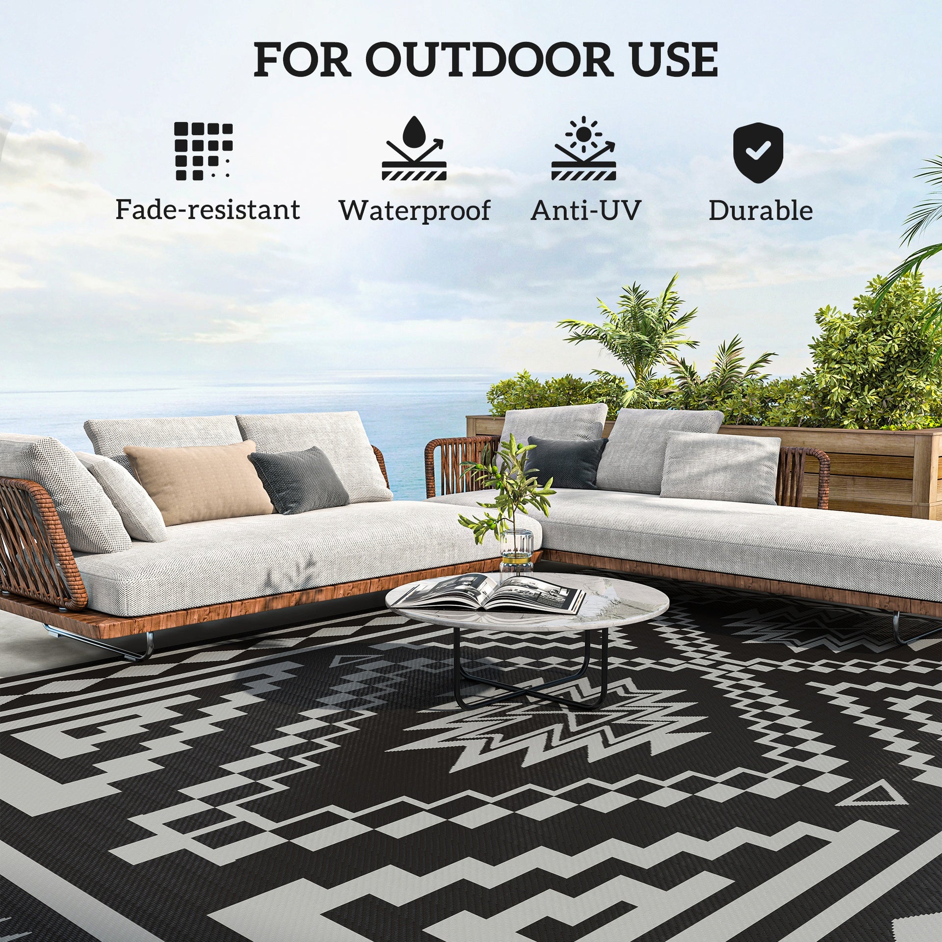 Outsunny Reversible Outdoor Rug, Waterproof Plastic Straw with Carry Bag, 9' x 18', Black & Gray Square Patchwork