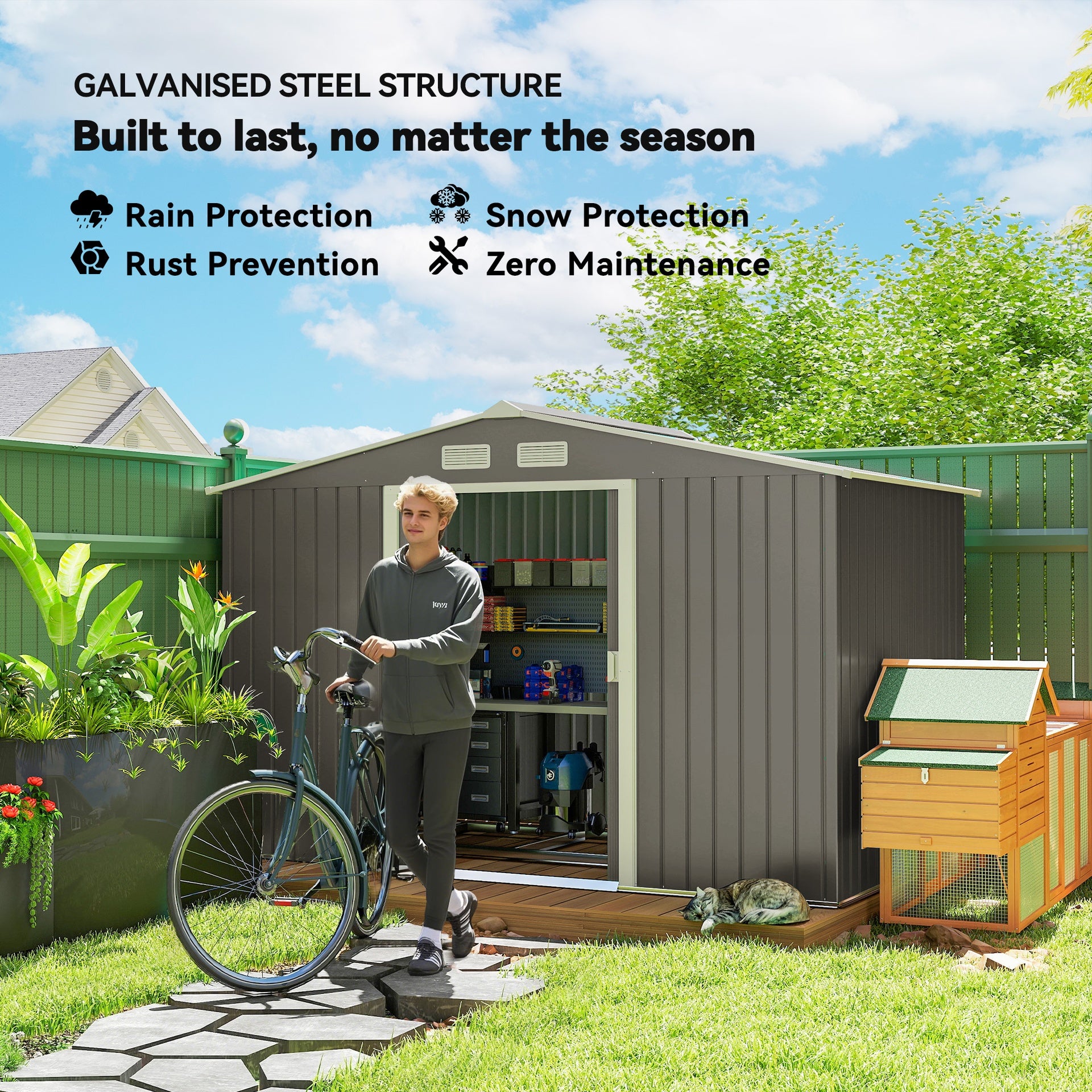 Outsunny Large Outdoor Storage Shed, 9x6 Garden Tool Shed for Patio, Garage, Lawn, Gray