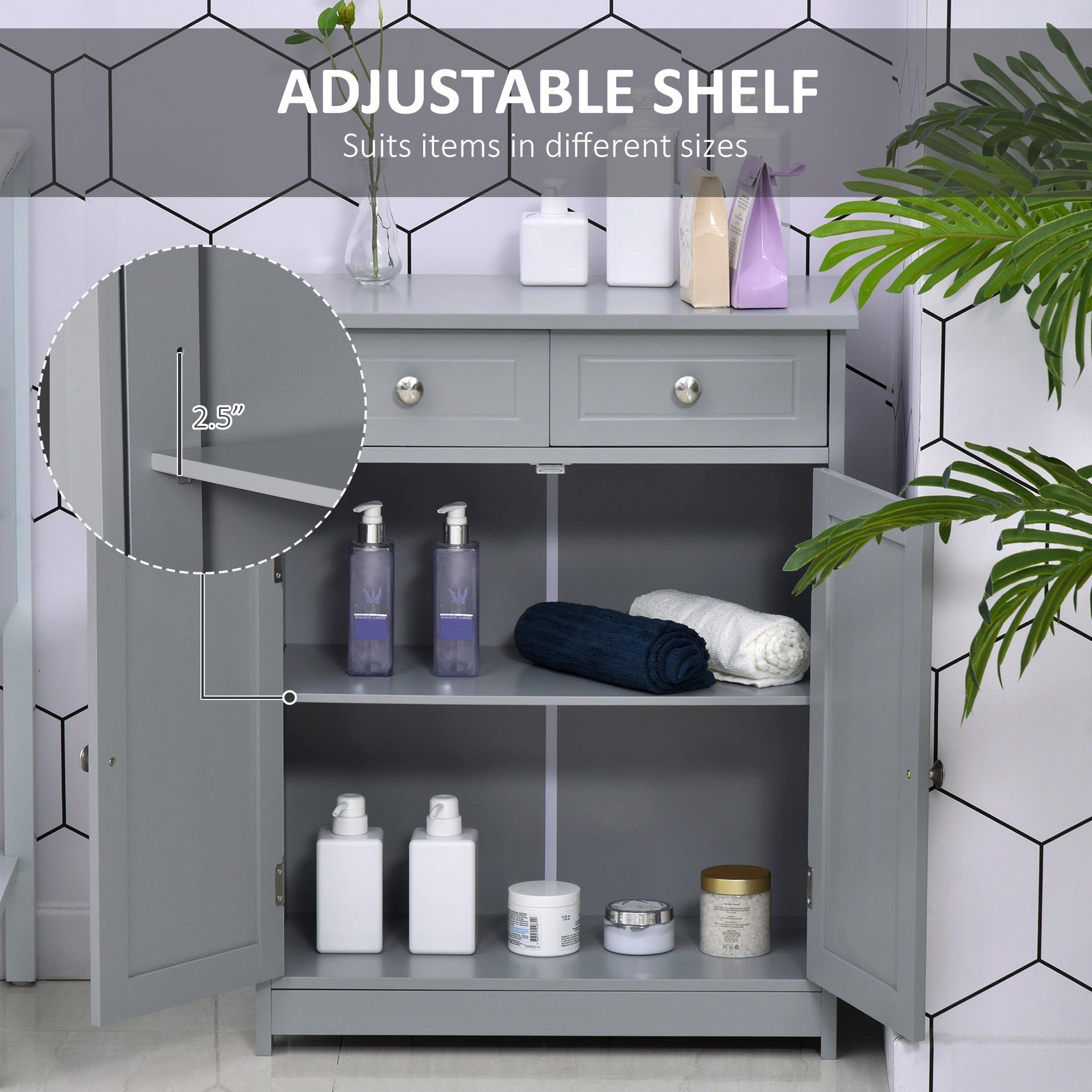 Kleankin Freestanding Bathroom Floor Cabinet, Wooden Bathroom Cabinet with 2 Doors, 2 Drawers and Adjustable Shelf, Gray